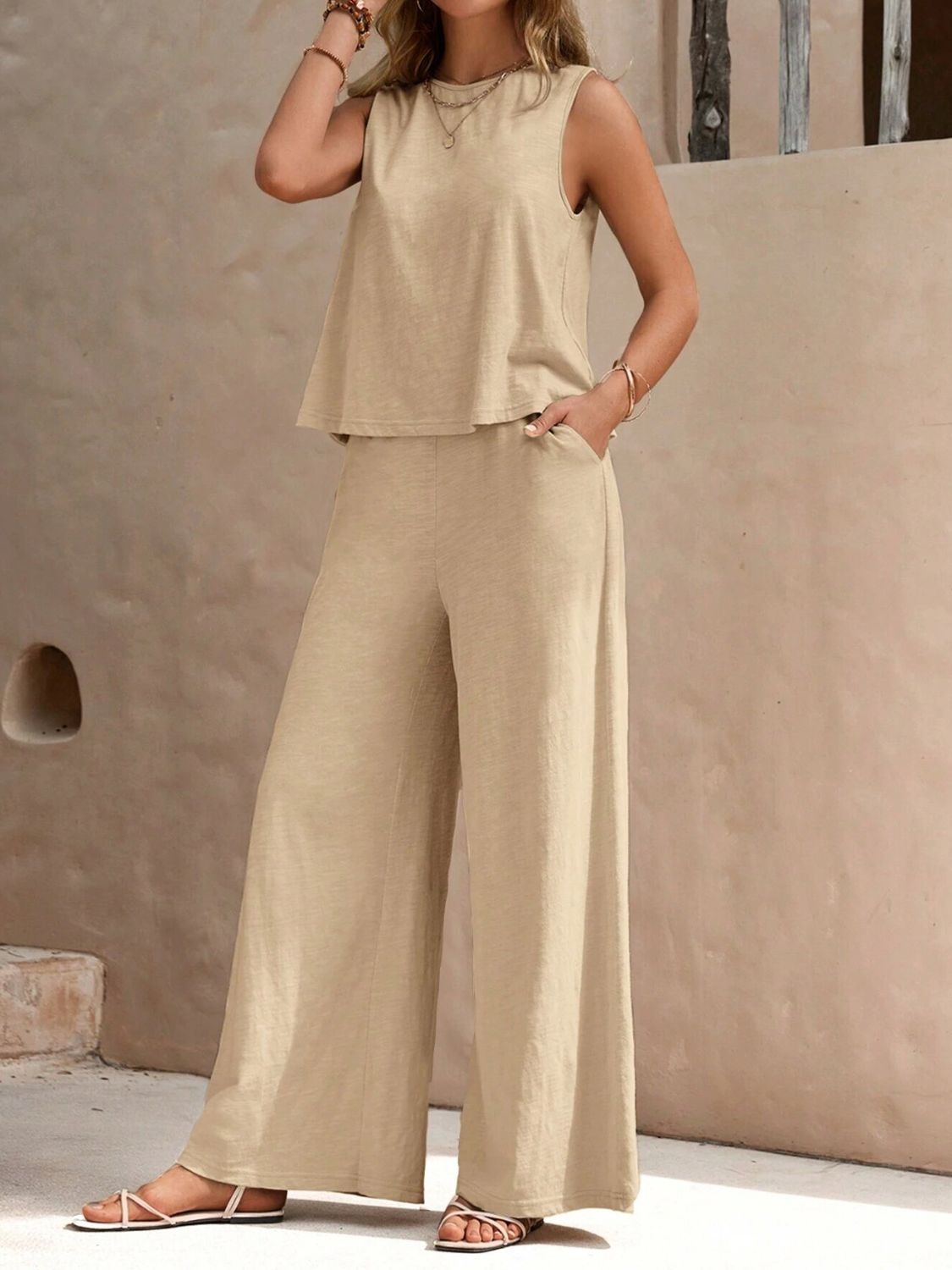 Round Neck Sleeveless Top and Wide Leg Pants Set - Flip Flop Dynasty