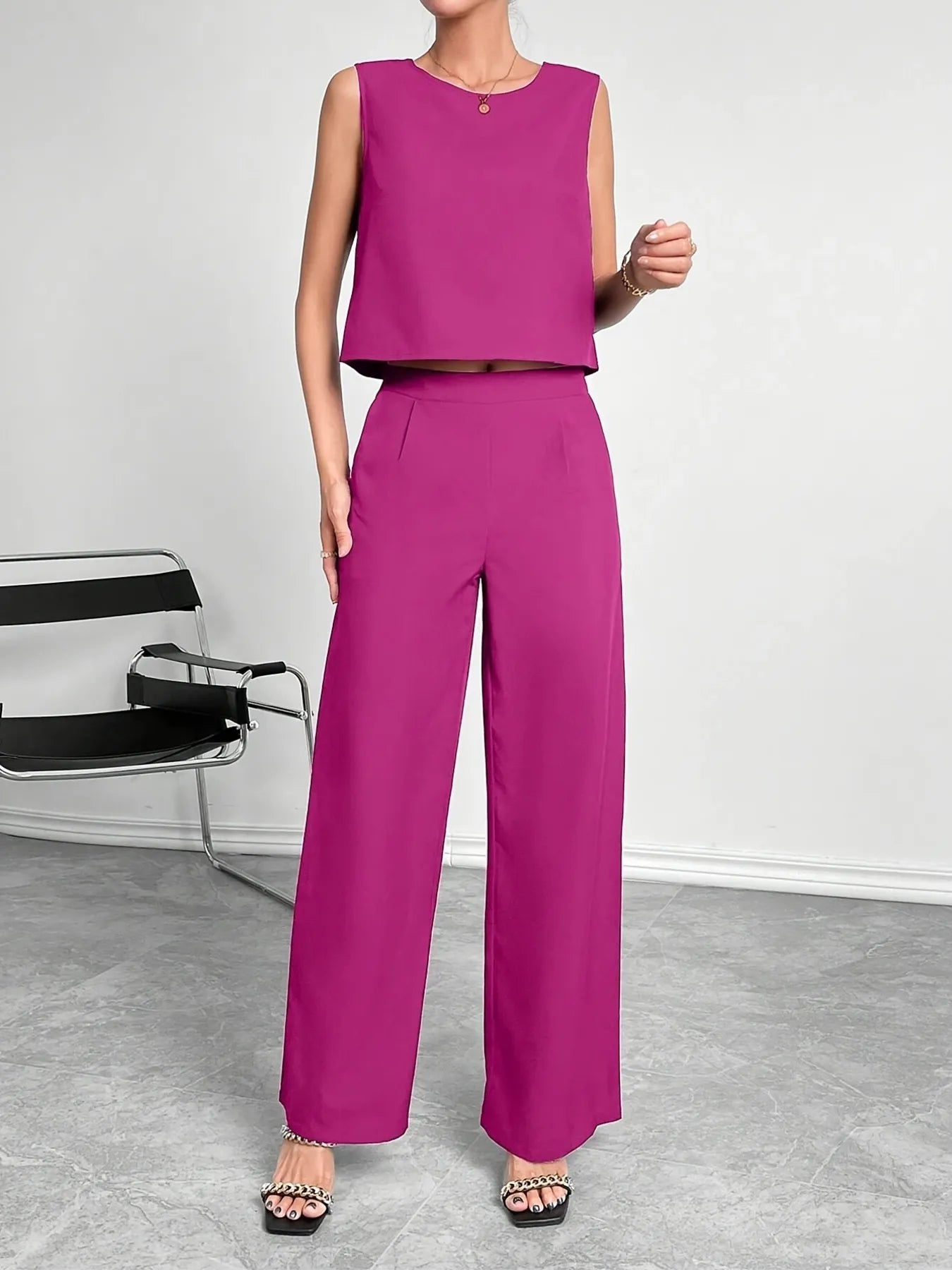 Round Neck Tank and Wide Leg Pants Set - Flip Flop Dynasty