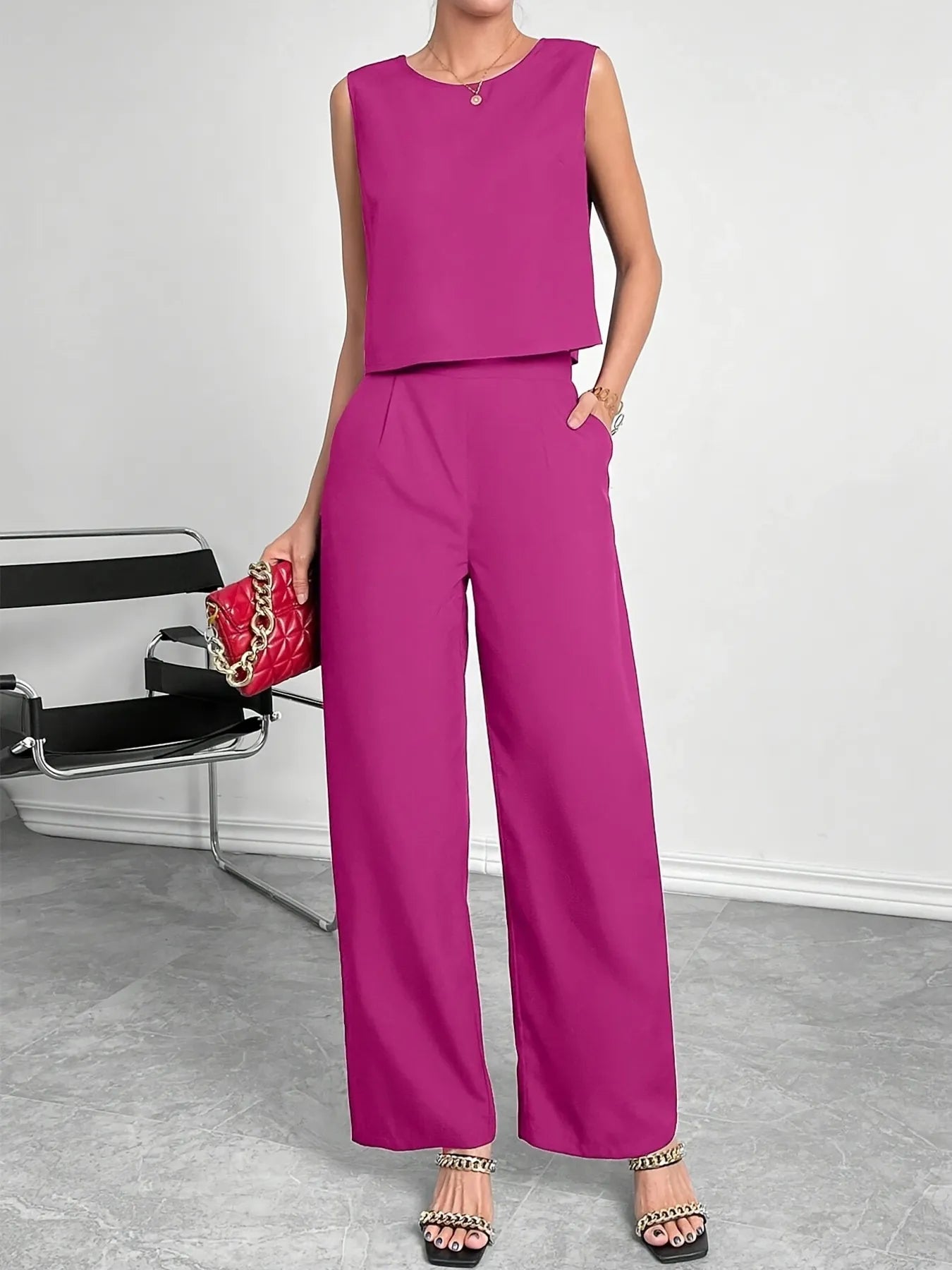 Round Neck Tank and Wide Leg Pants Set - Flip Flop Dynasty
