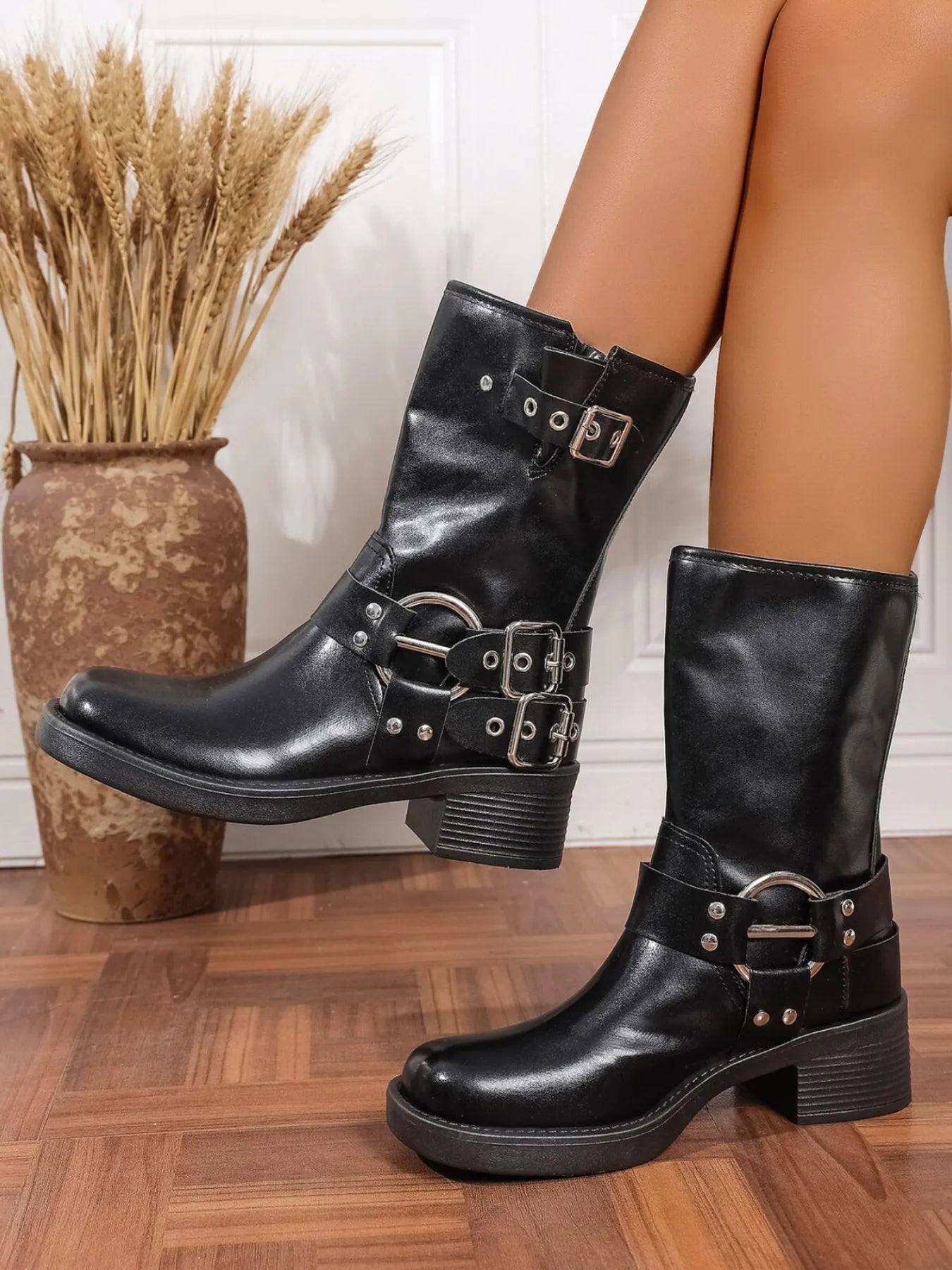 Round Toe Block Heels Boots - Flip Flop Dynasty