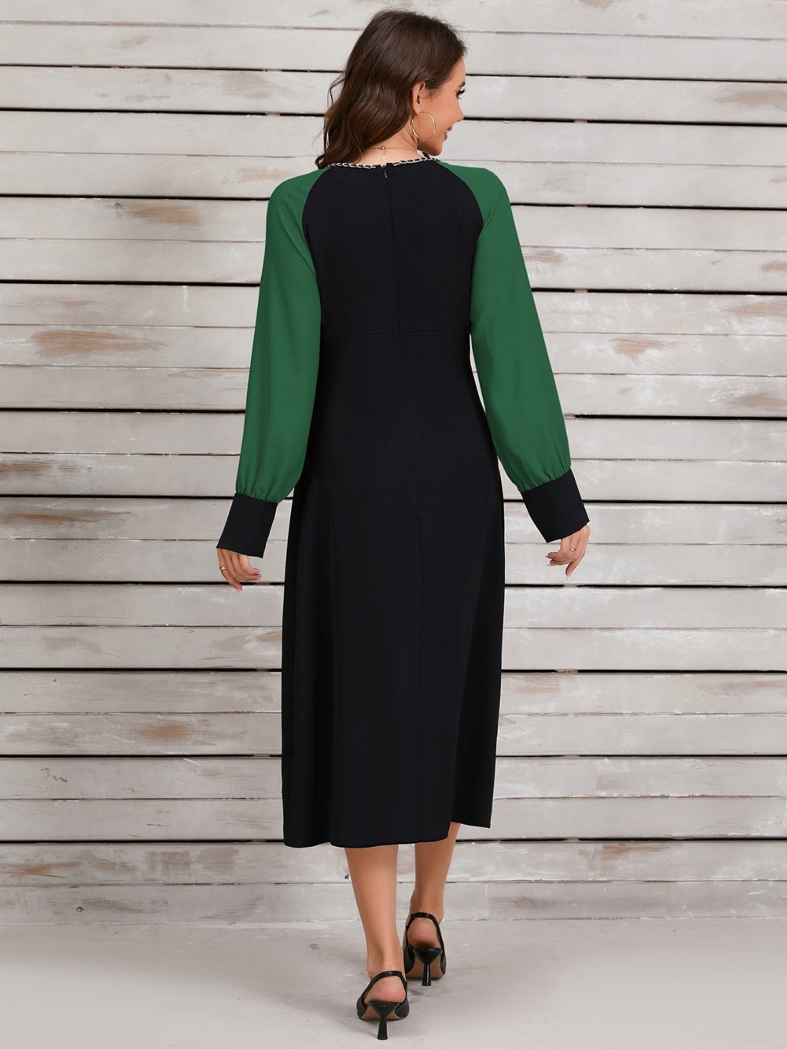 Ruched Contrast Long Sleeve Midi Dress - Flip Flop Dynasty