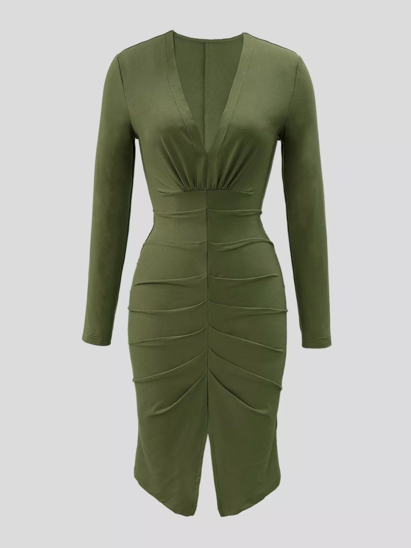 Ruched Deep V - Neck Bodycon Midi Dress - Flip Flop Dynasty