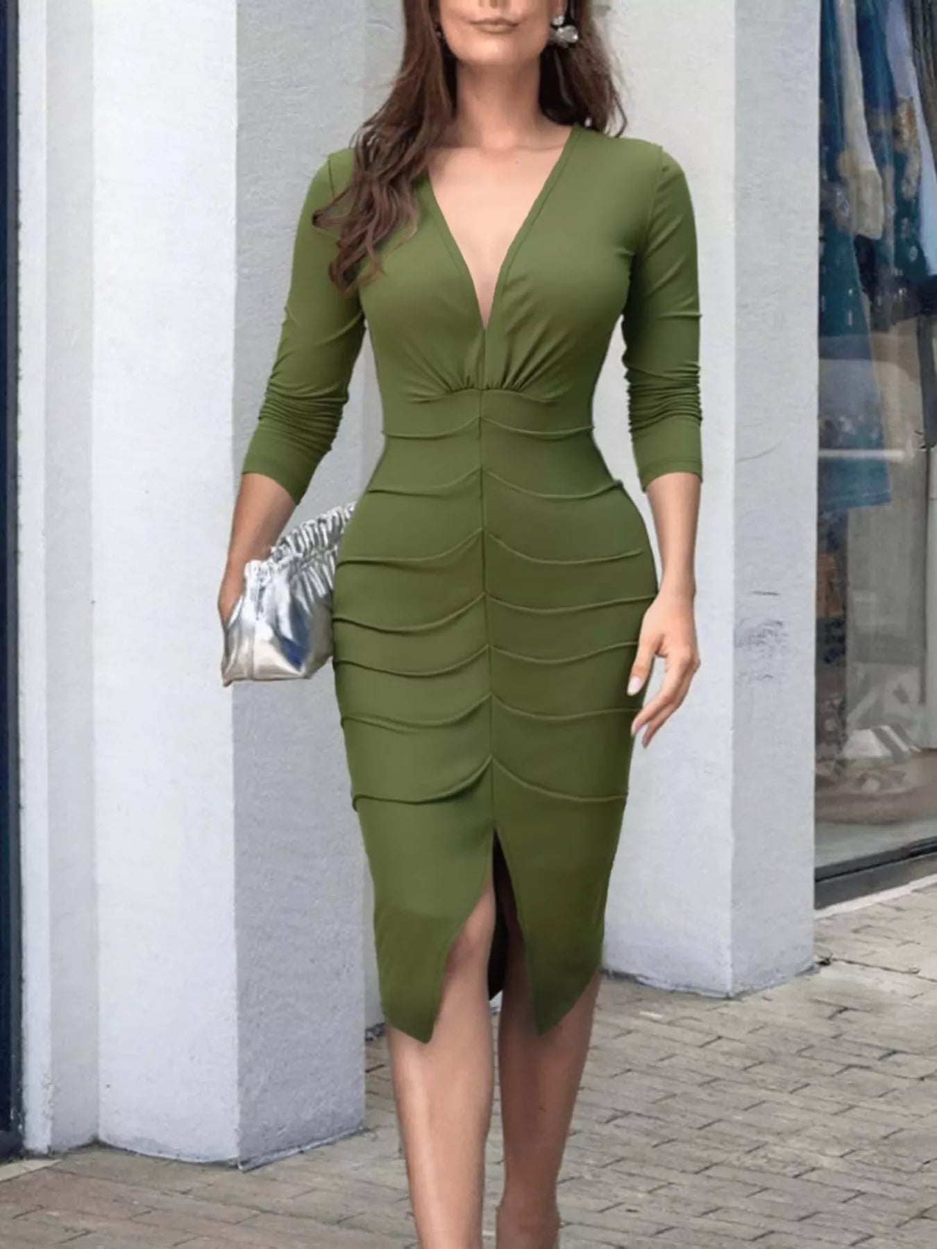 Ruched Deep V - Neck Bodycon Midi Dress - Flip Flop Dynasty