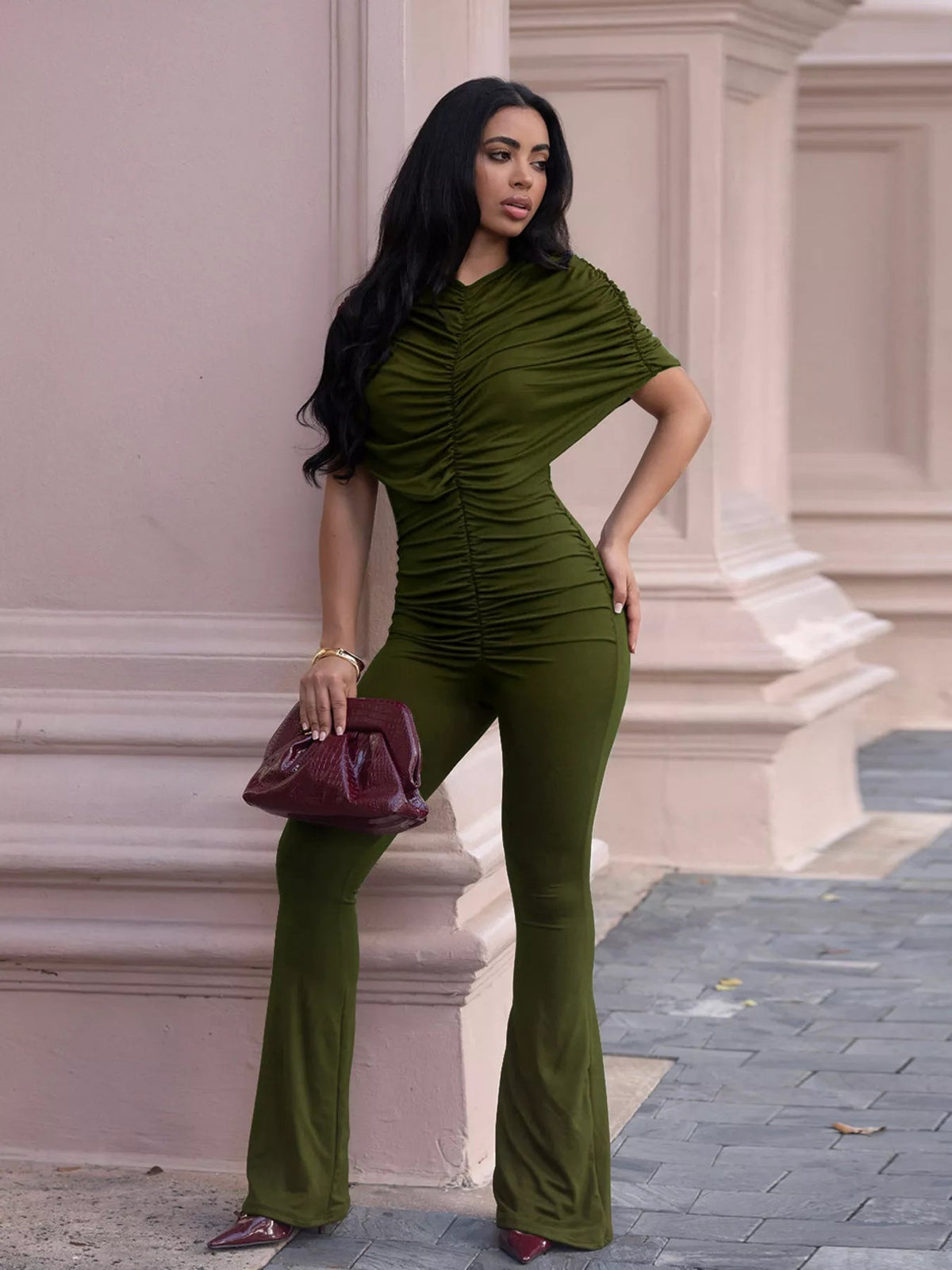 Ruched Flare Leg Jumpsuit - Flip Flop Dynasty