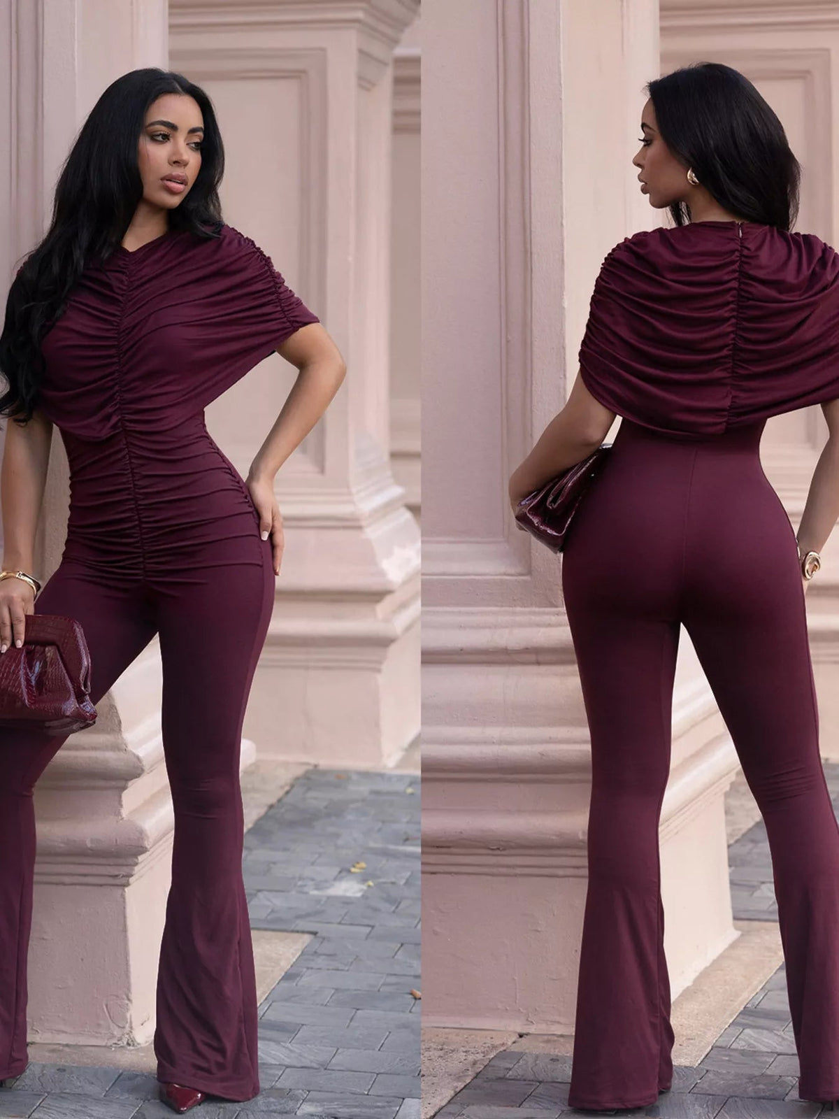 Ruched Flare Leg Jumpsuit - Flip Flop Dynasty
