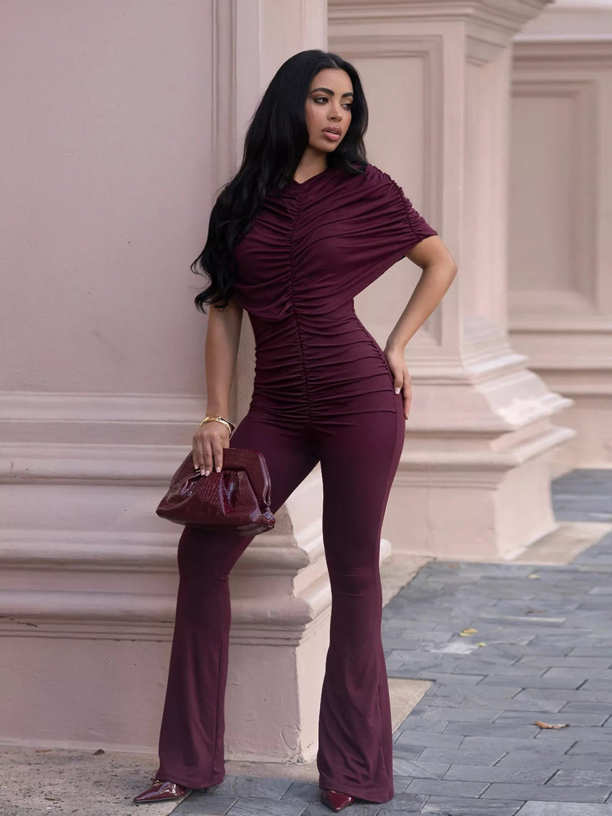 Ruched Flare Leg Jumpsuit - Flip Flop Dynasty