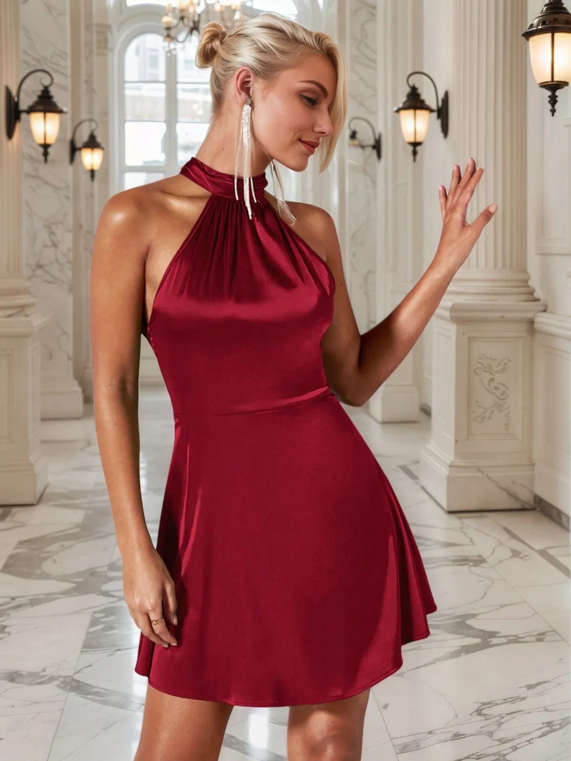 Ruched Grecian Neck Mini Dress - Flip Flop Dynasty