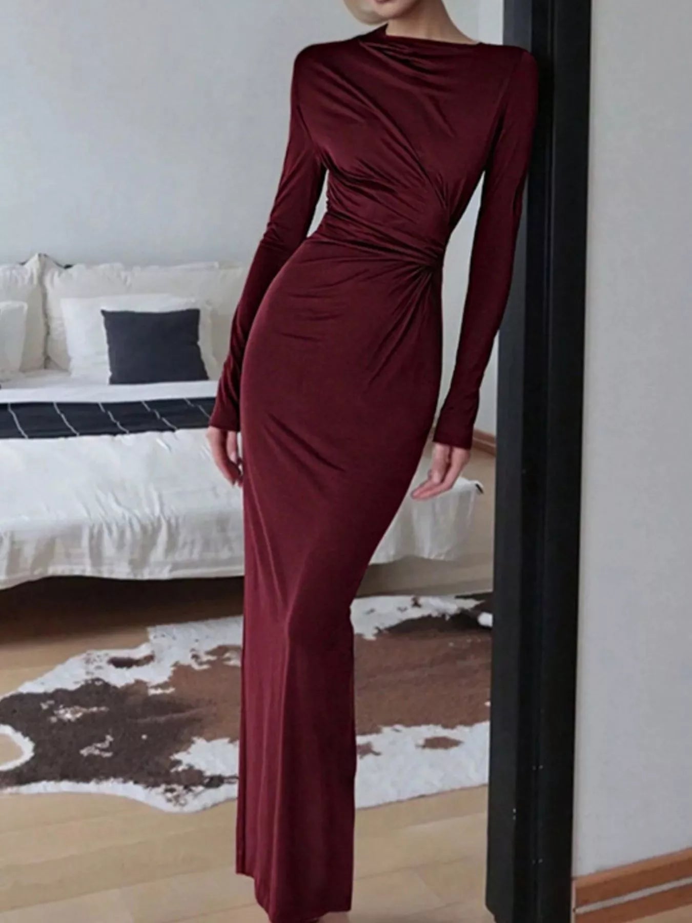 Ruched Long Sleeve Bodycon Maxi Dress - Flip Flop Dynasty
