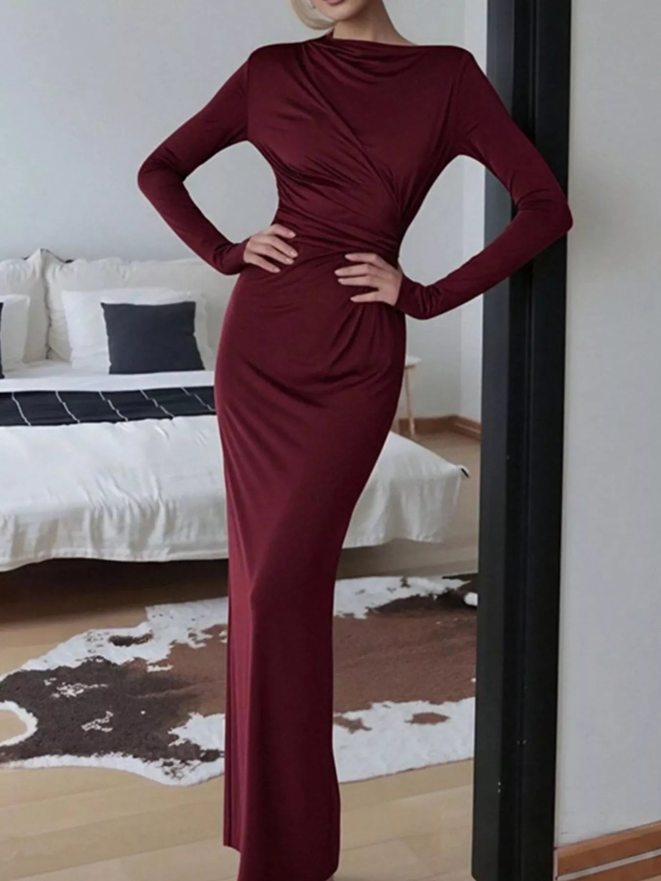 Ruched Long Sleeve Bodycon Maxi Dress - Flip Flop Dynasty