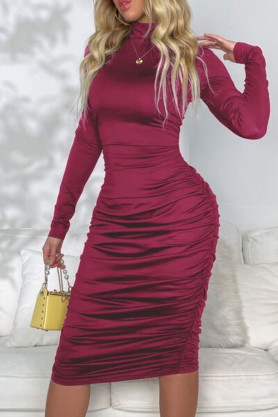 Ruched Mock Neck Long Sleeve Dress - Flip Flop Dynasty