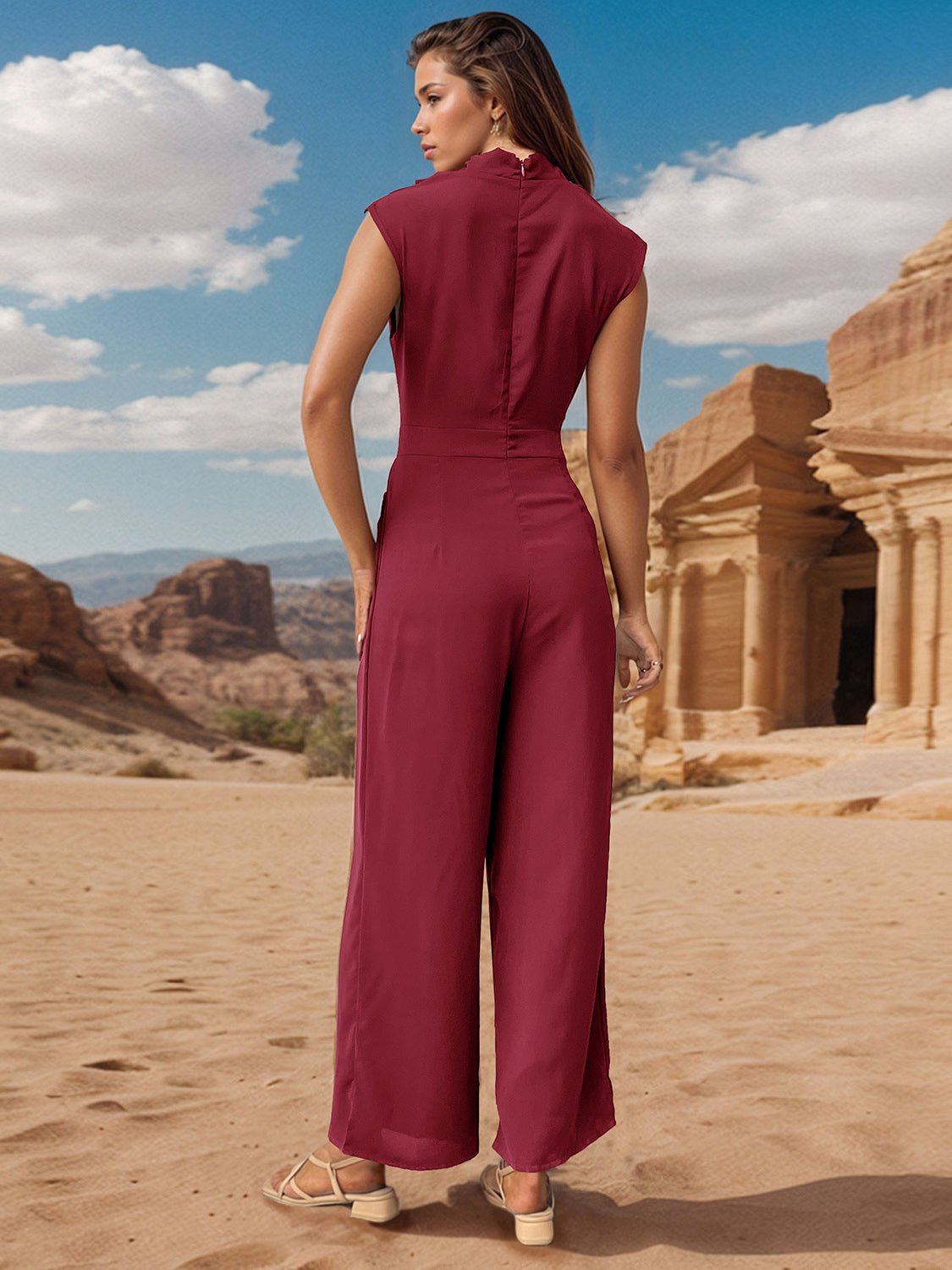 Ruched Mock Neck Sleeveless Jumpsuit - Flip Flop Dynasty