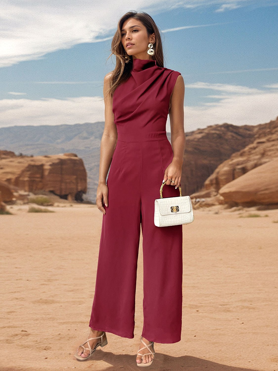 Ruched Mock Neck Sleeveless Jumpsuit - Flip Flop Dynasty