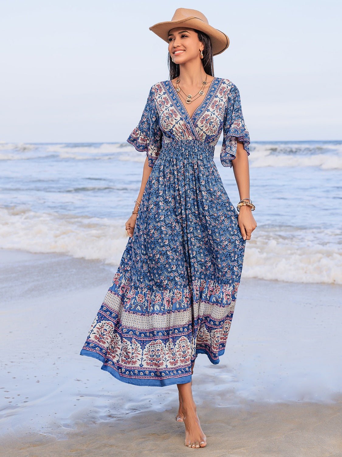 Ruched Printed Flounce Sleeve Midi Dress - Flip Flop Dynasty