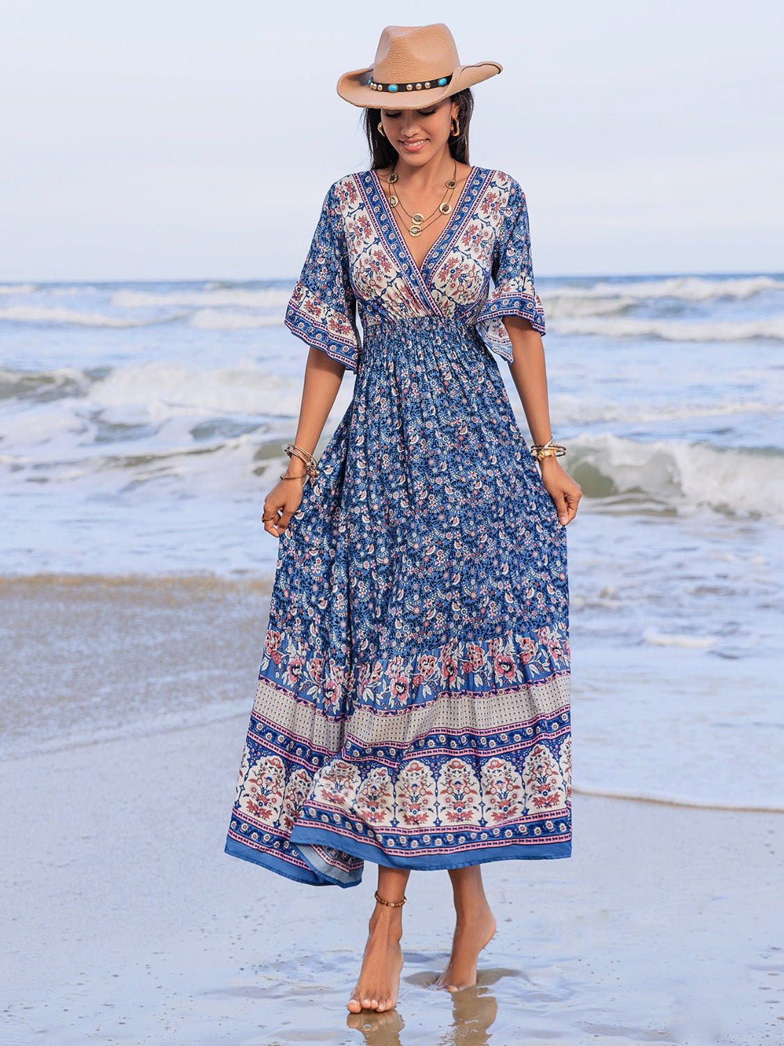 Ruched Printed Flounce Sleeve Midi Dress - Flip Flop Dynasty