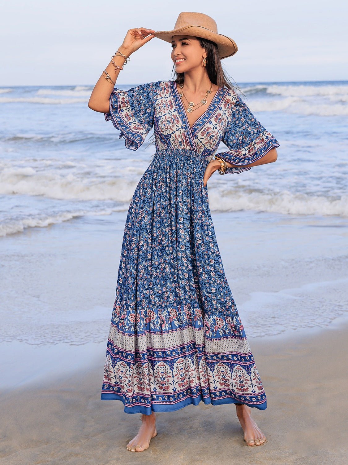 Ruched Printed Flounce Sleeve Midi Dress - Flip Flop Dynasty