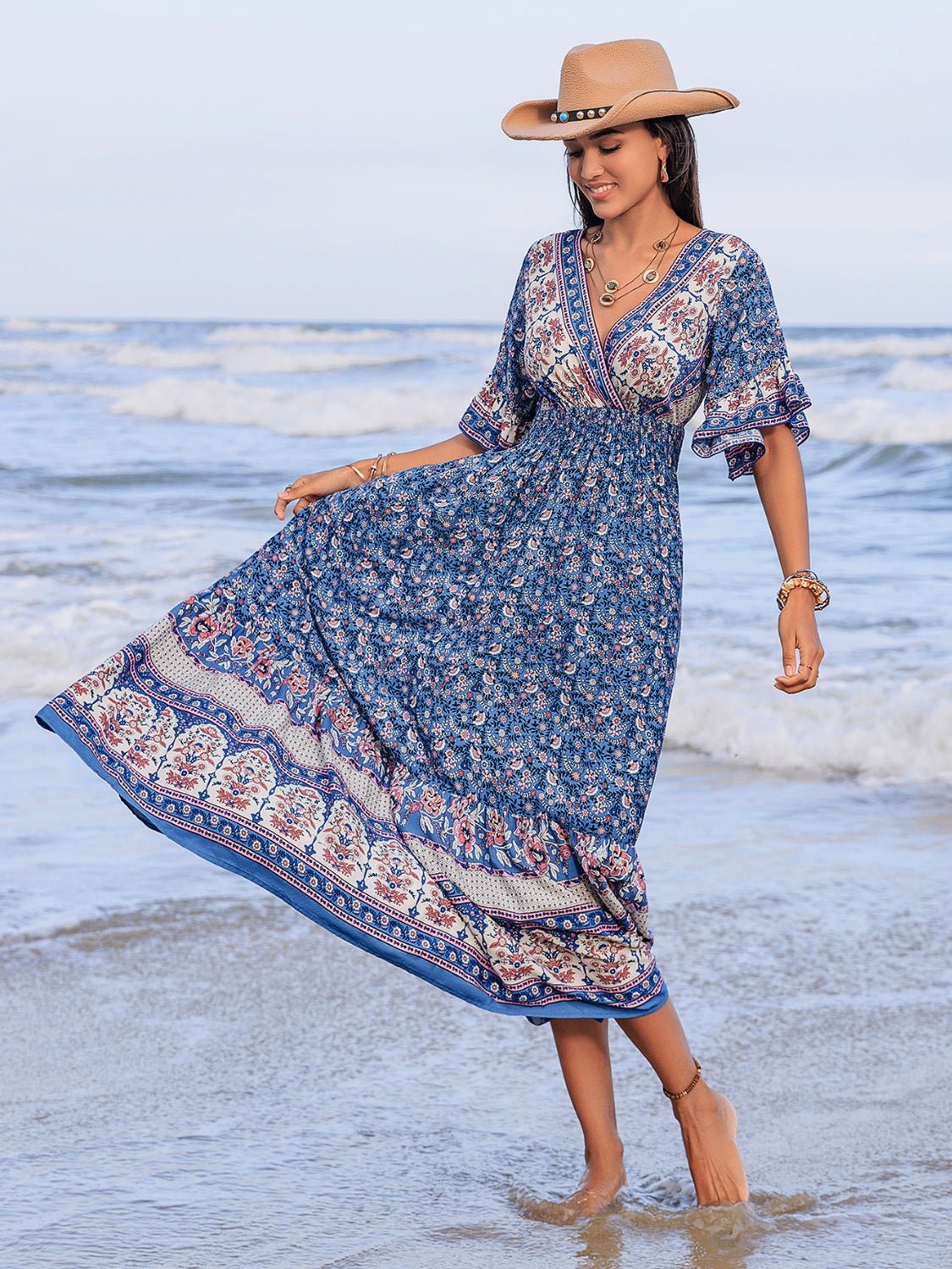 Ruched Printed Flounce Sleeve Midi Dress - Flip Flop Dynasty