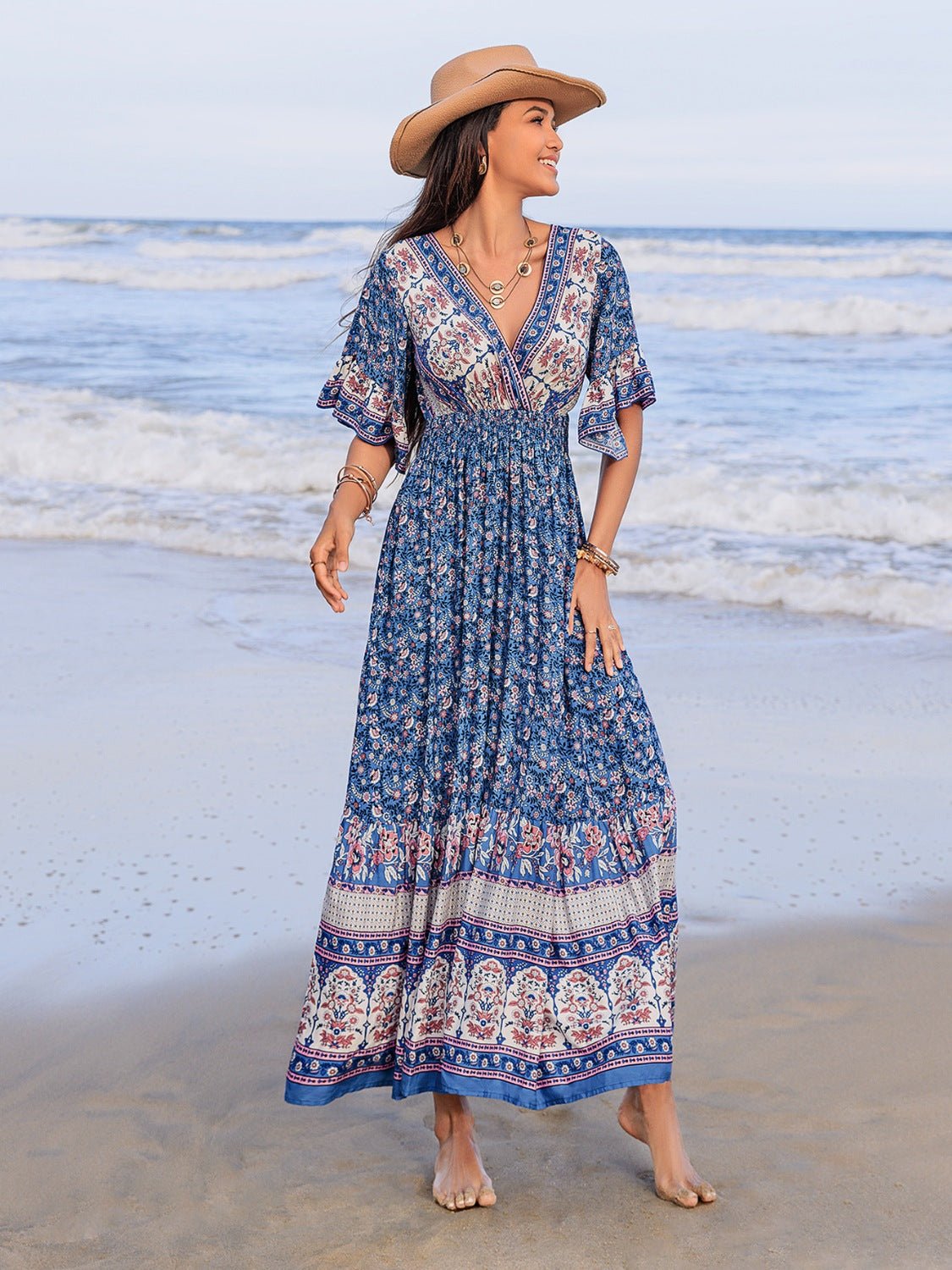 Ruched Printed Flounce Sleeve Midi Dress - Flip Flop Dynasty