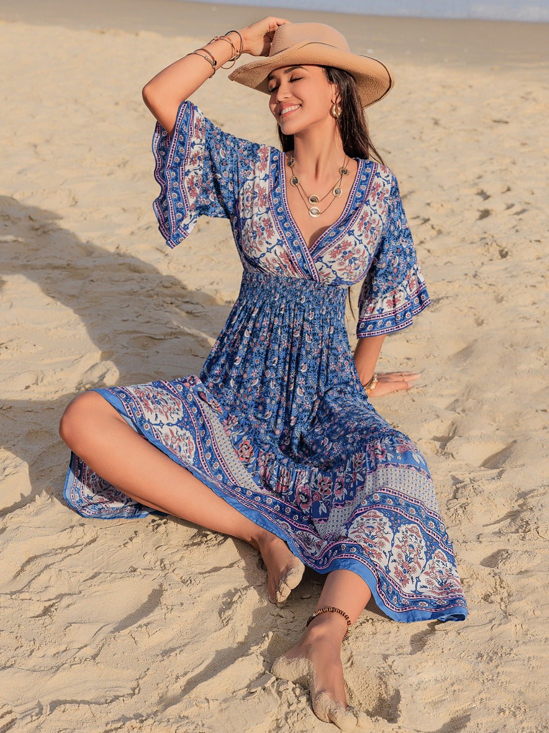 Ruched Printed Flounce Sleeve Midi Dress - Flip Flop Dynasty