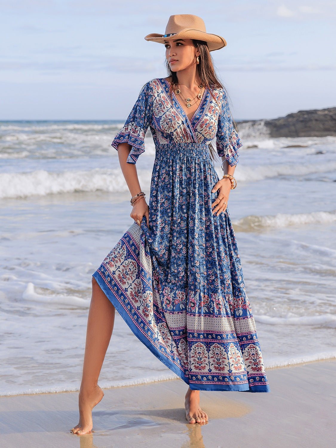 Ruched Printed Flounce Sleeve Midi Dress - Flip Flop Dynasty