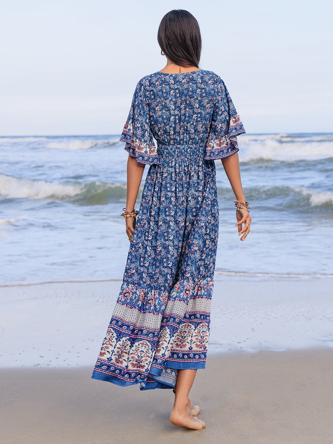 Ruched Printed Flounce Sleeve Midi Dress - Flip Flop Dynasty