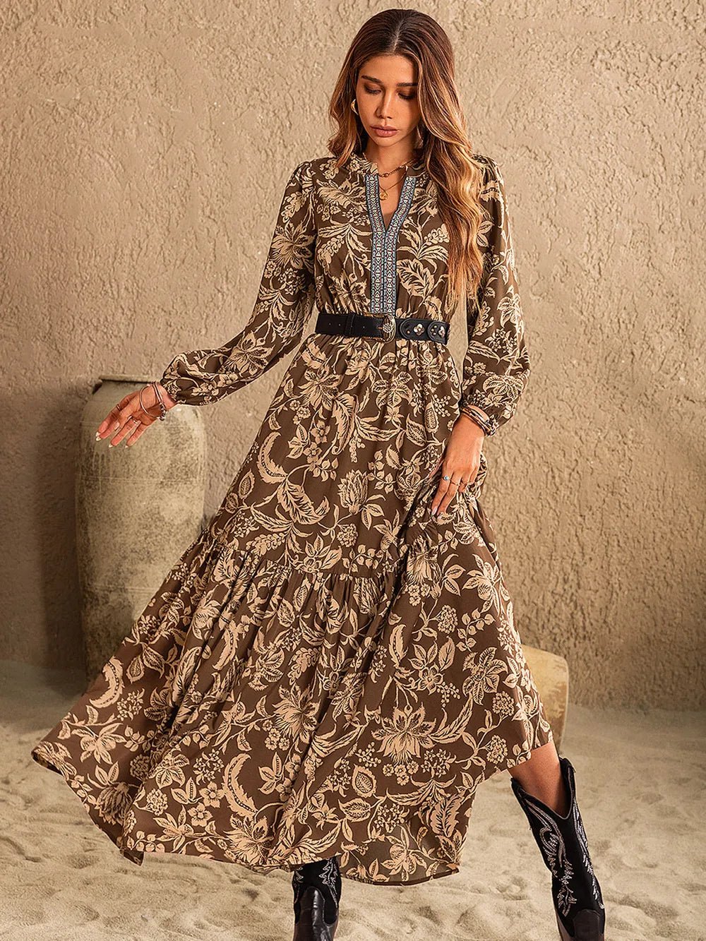 Ruched Printed Notched Long Sleeve Maxi Dress - Flip Flop Dynasty