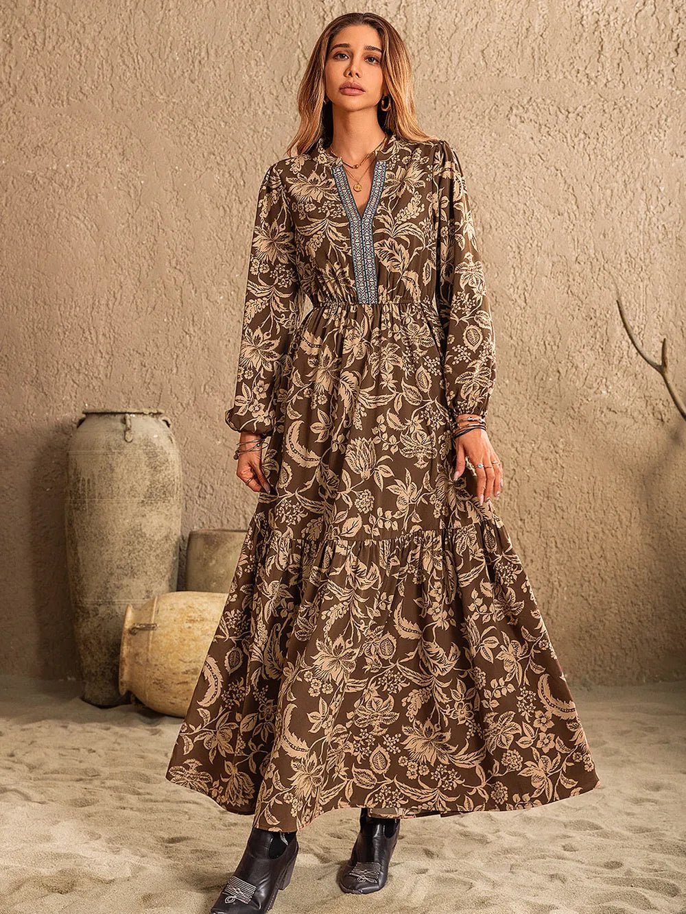 Ruched Printed Notched Long Sleeve Maxi Dress - Flip Flop Dynasty