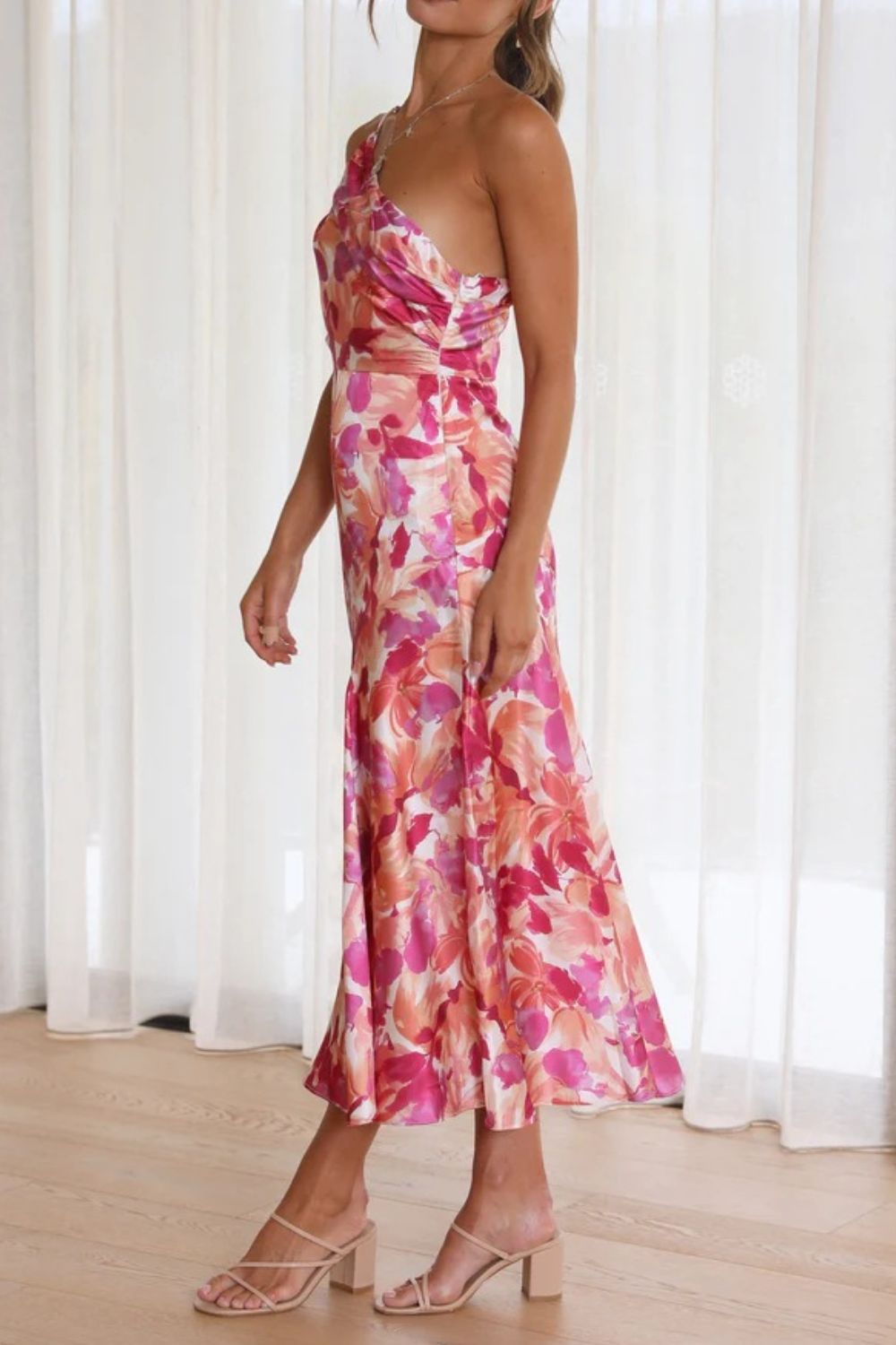 Ruched Printed Single Shoulder Midi Dress - Flip Flop Dynasty