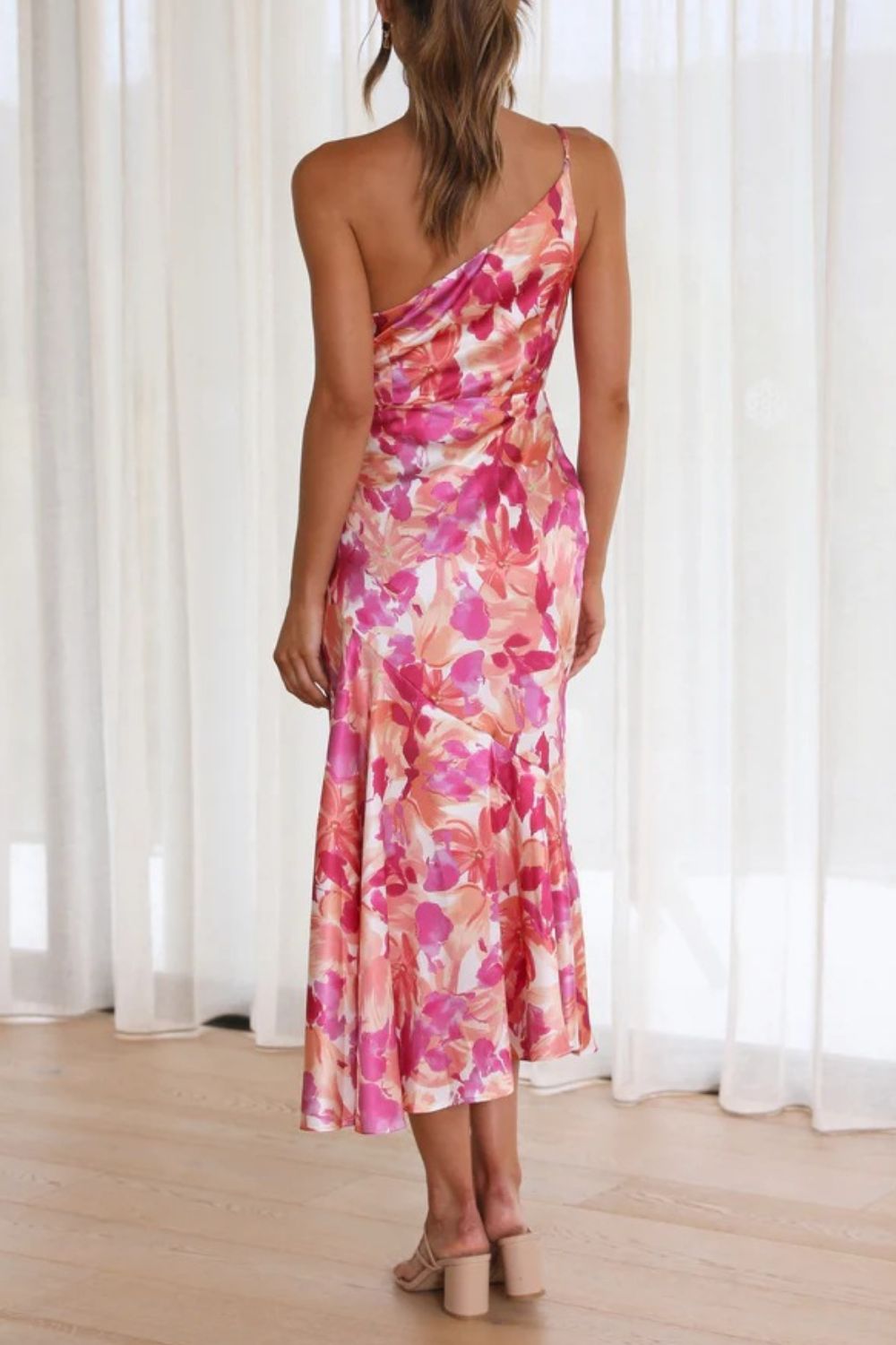 Ruched Printed Single Shoulder Midi Dress - Flip Flop Dynasty