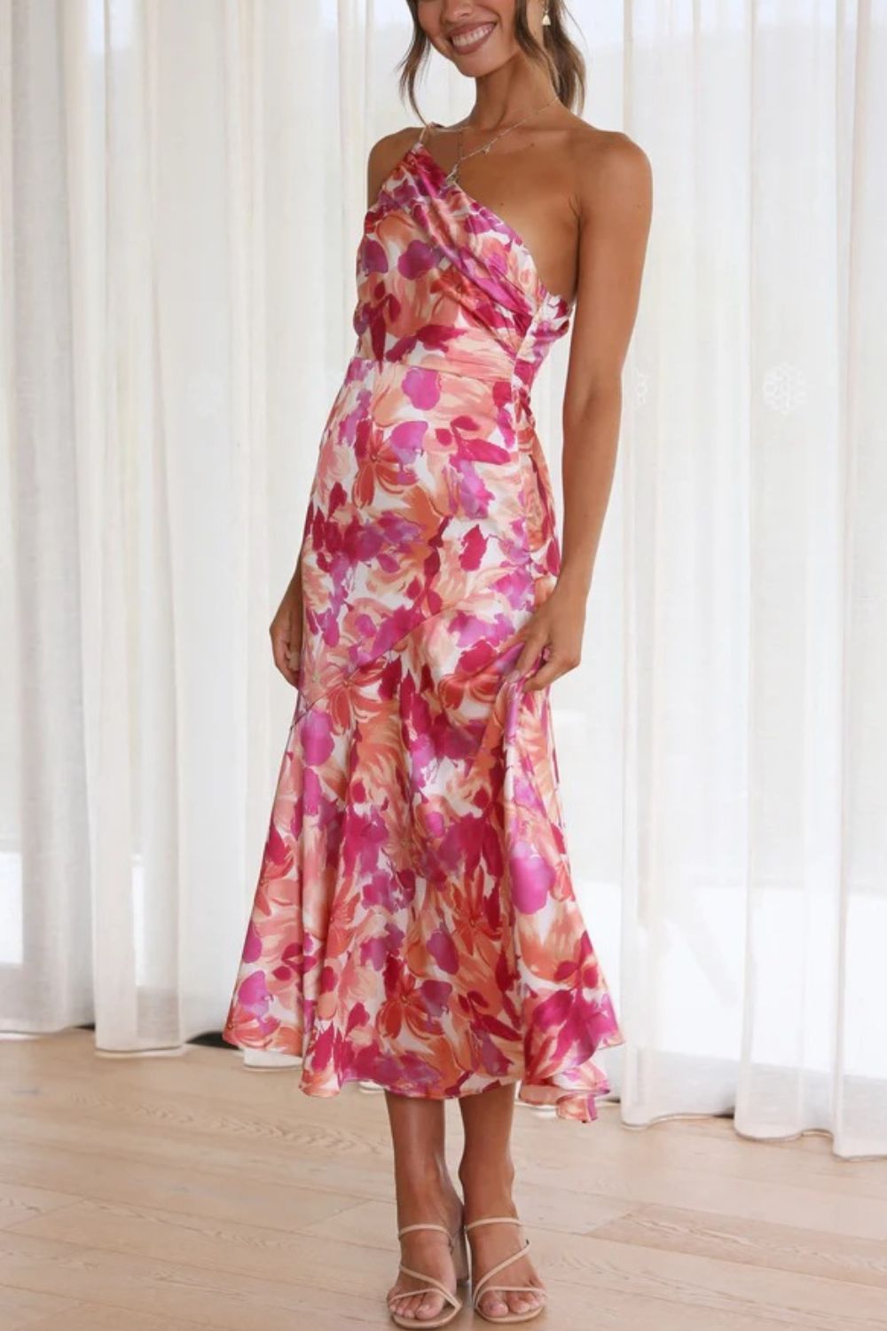 Ruched Printed Single Shoulder Midi Dress - Flip Flop Dynasty