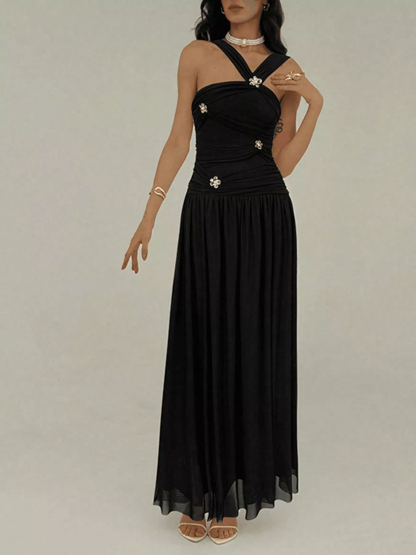 Ruched Sleeveless Maxi Dress with Embellishments - Flip Flop Dynasty