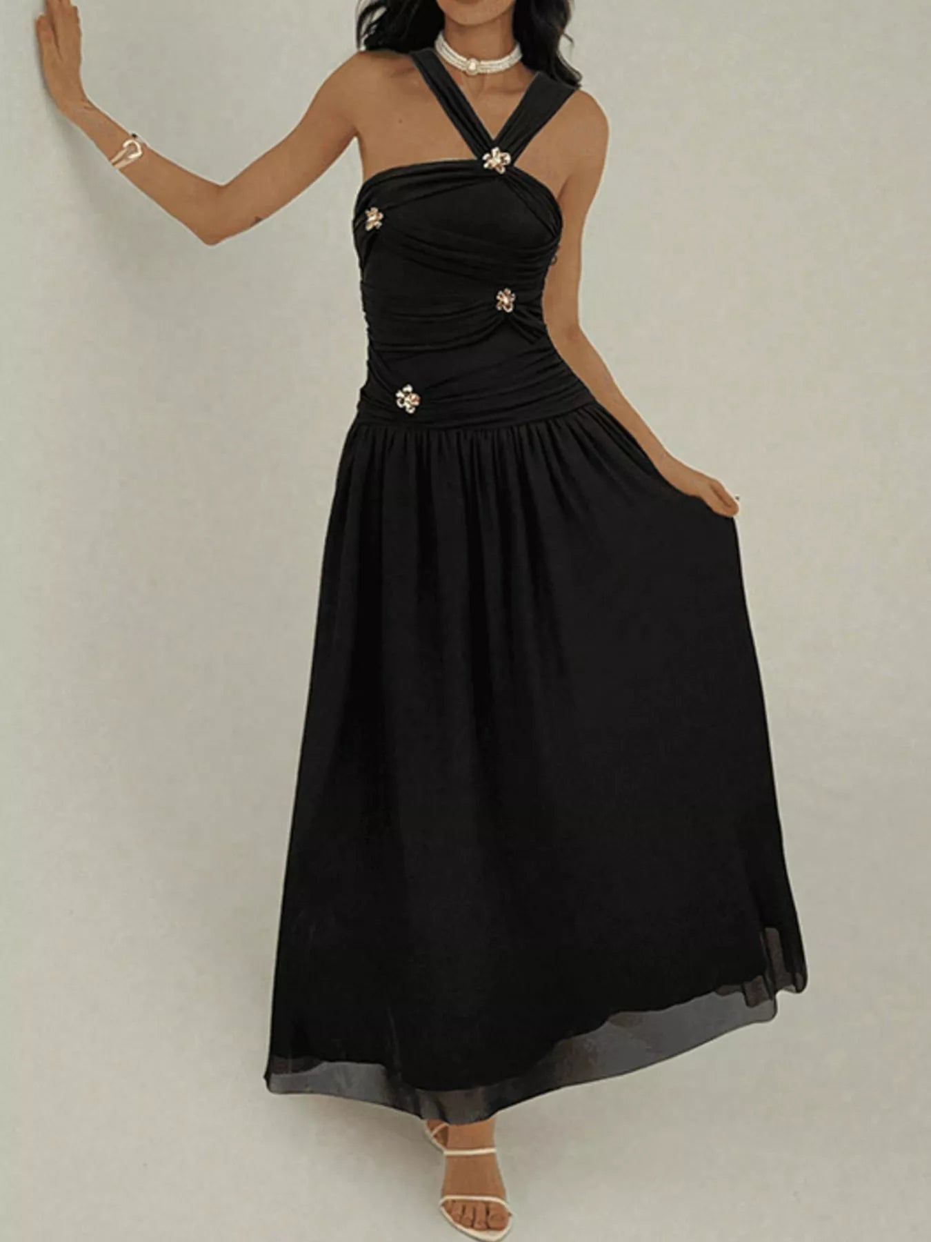 Ruched Sleeveless Maxi Dress with Embellishments - Flip Flop Dynasty