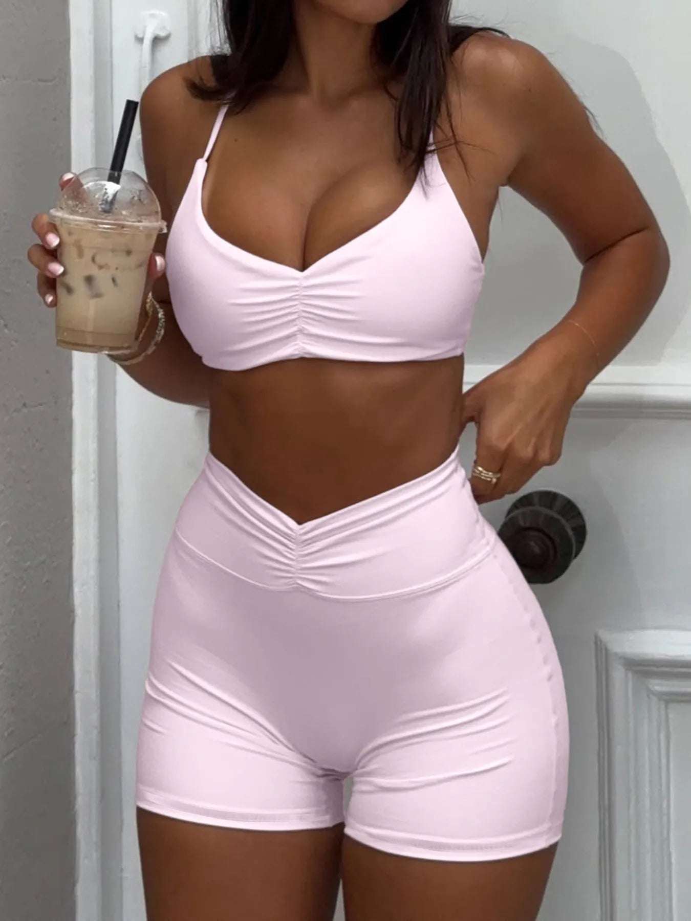 Ruched Sports Bra and High - Waisted Shorts Active Set - Flip Flop Dynasty