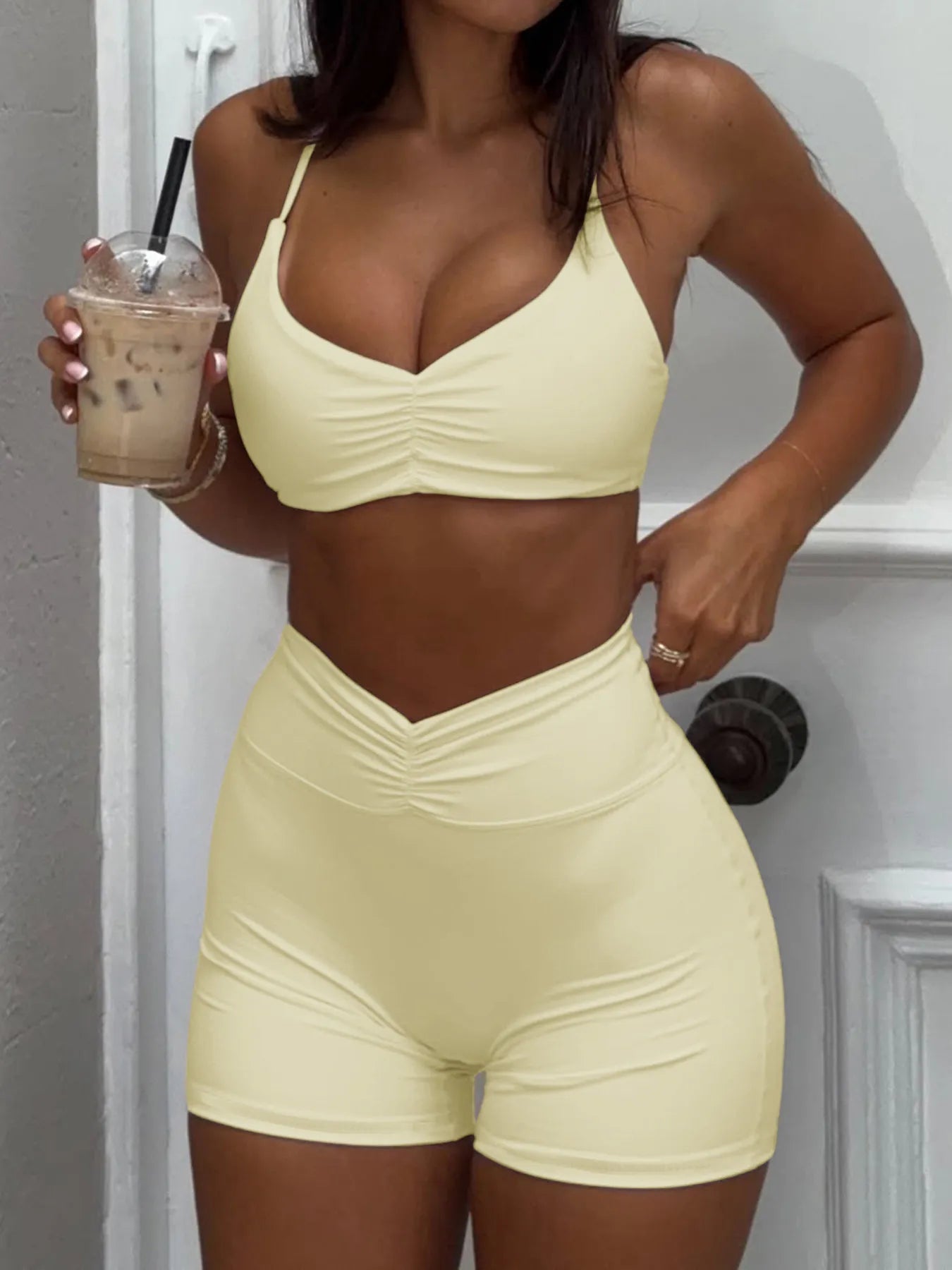 Ruched Sports Bra and High - Waisted Shorts Active Set - Flip Flop Dynasty