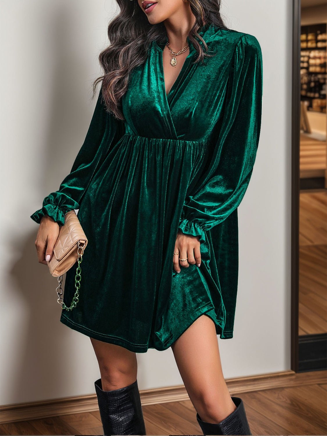 Ruched Surplice Flounce Sleeve Mini Dress - Flip Flop Dynasty
