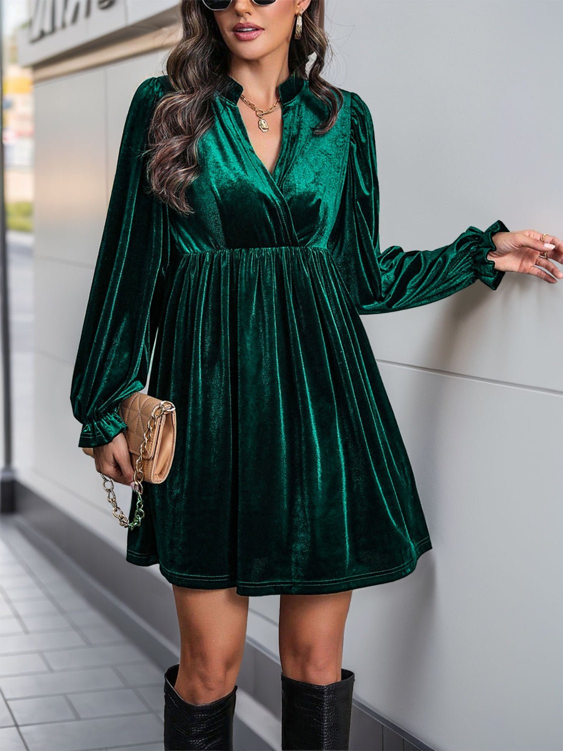 Ruched Surplice Flounce Sleeve Mini Dress - Flip Flop Dynasty