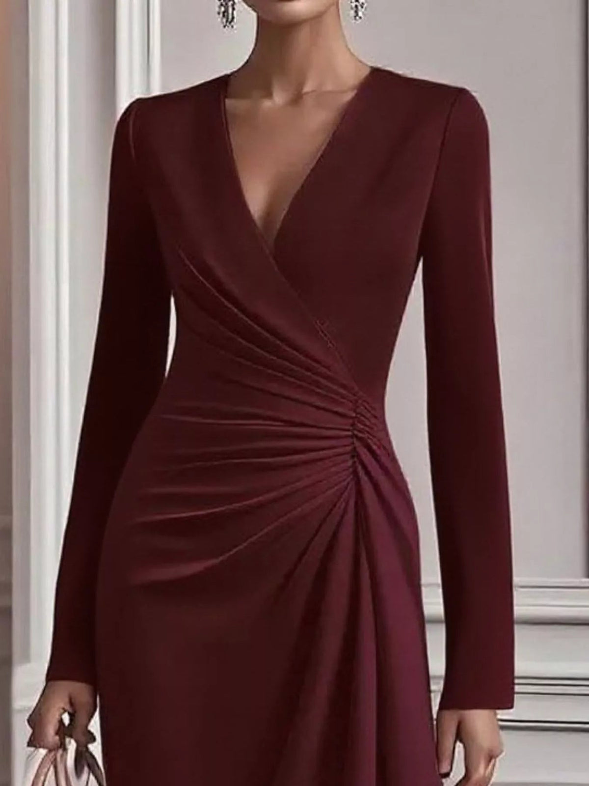 Ruched Surplice Long Sleeve Dress - Flip Flop Dynasty