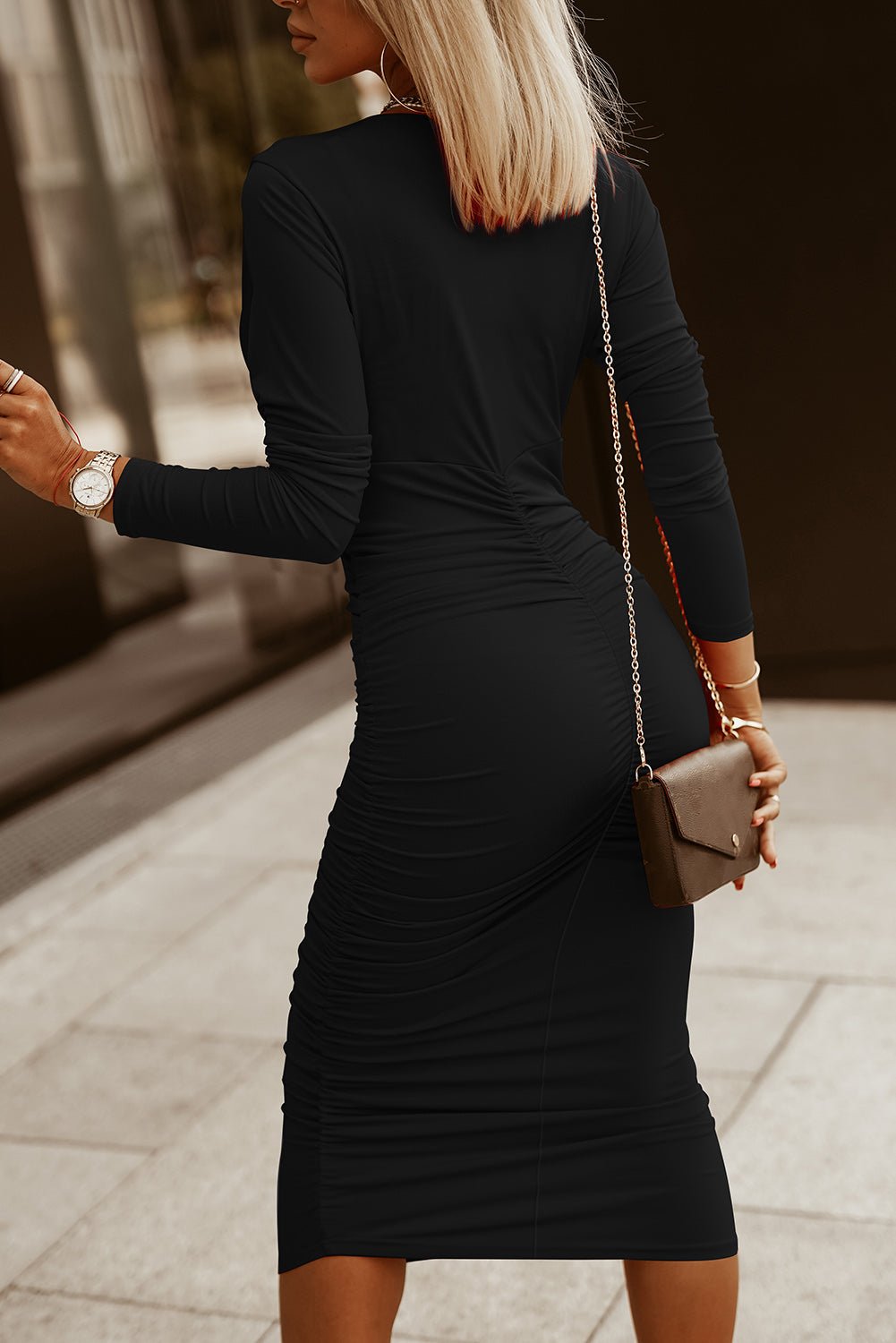 Ruched Surplice Long Sleeve Midi Dress - Flip Flop Dynasty