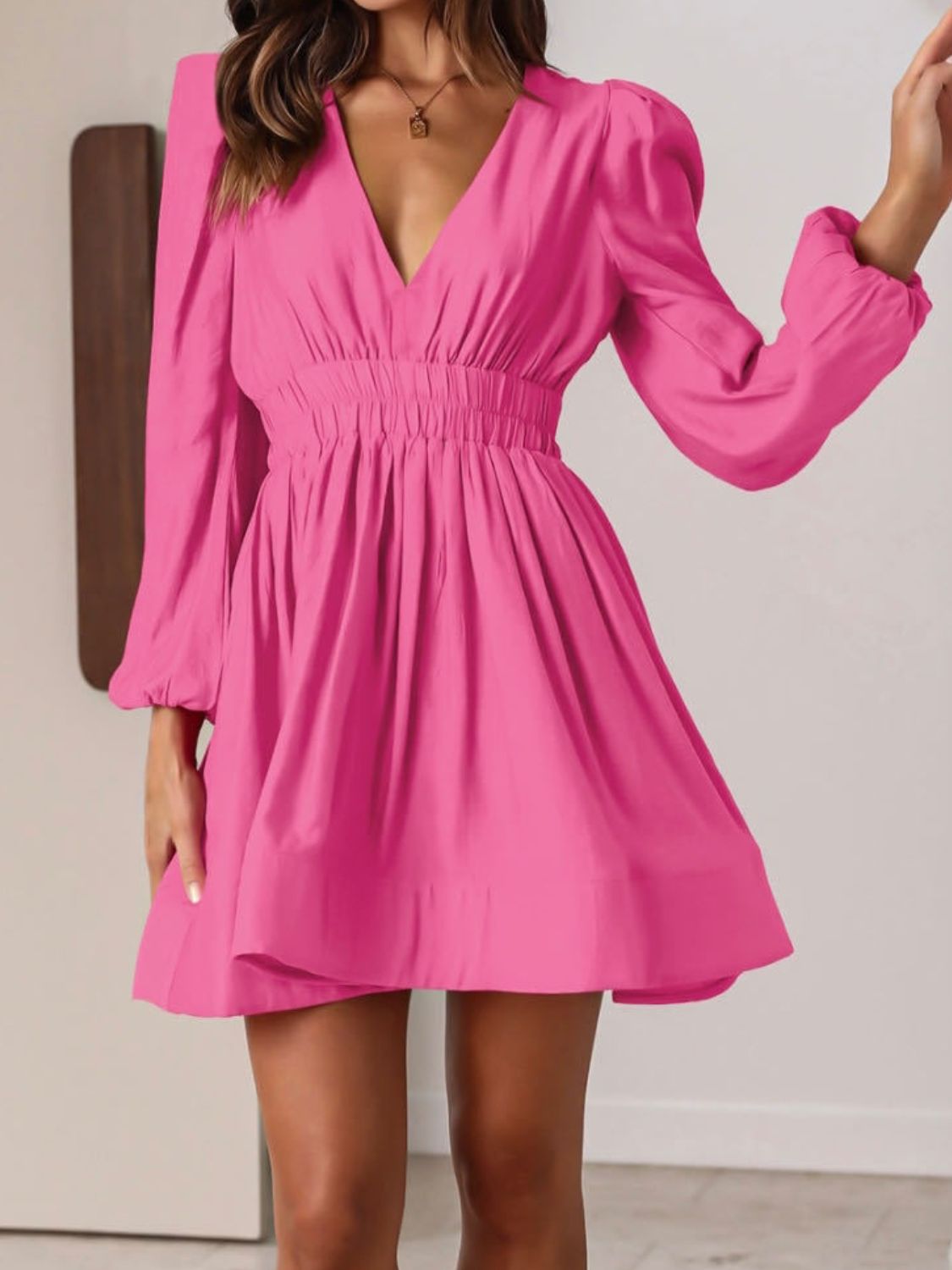 Ruched V - Neck Balloon Sleeve Mini Dress - Flip Flop Dynasty
