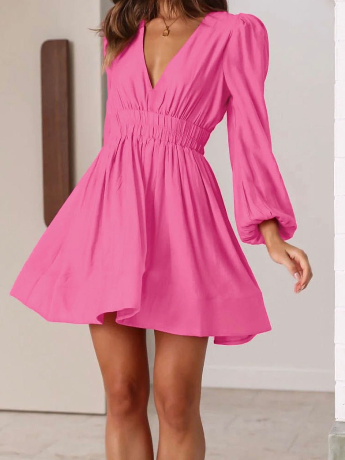 Ruched V - Neck Balloon Sleeve Mini Dress - Flip Flop Dynasty