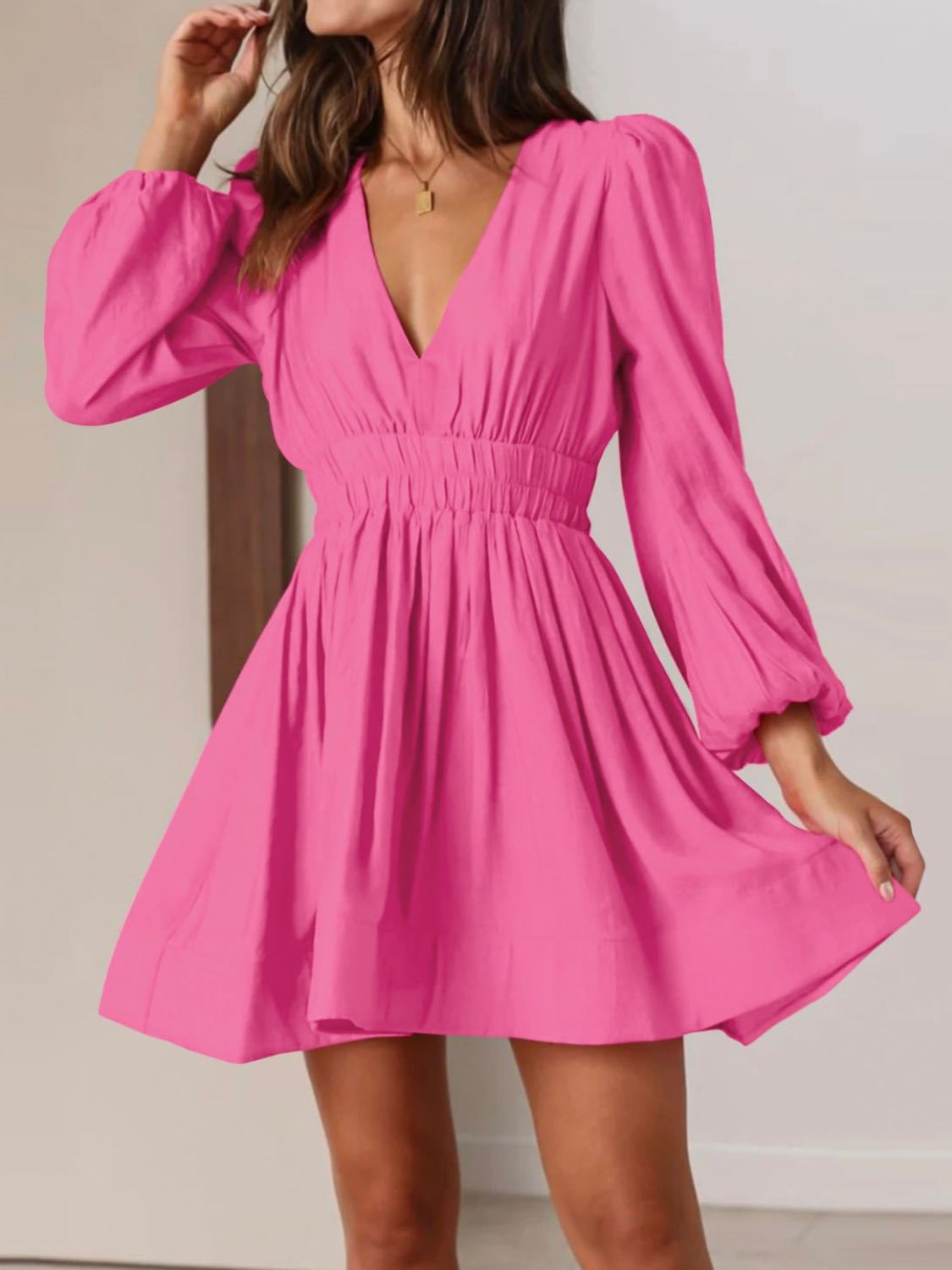 Ruched V - Neck Balloon Sleeve Mini Dress - Flip Flop Dynasty