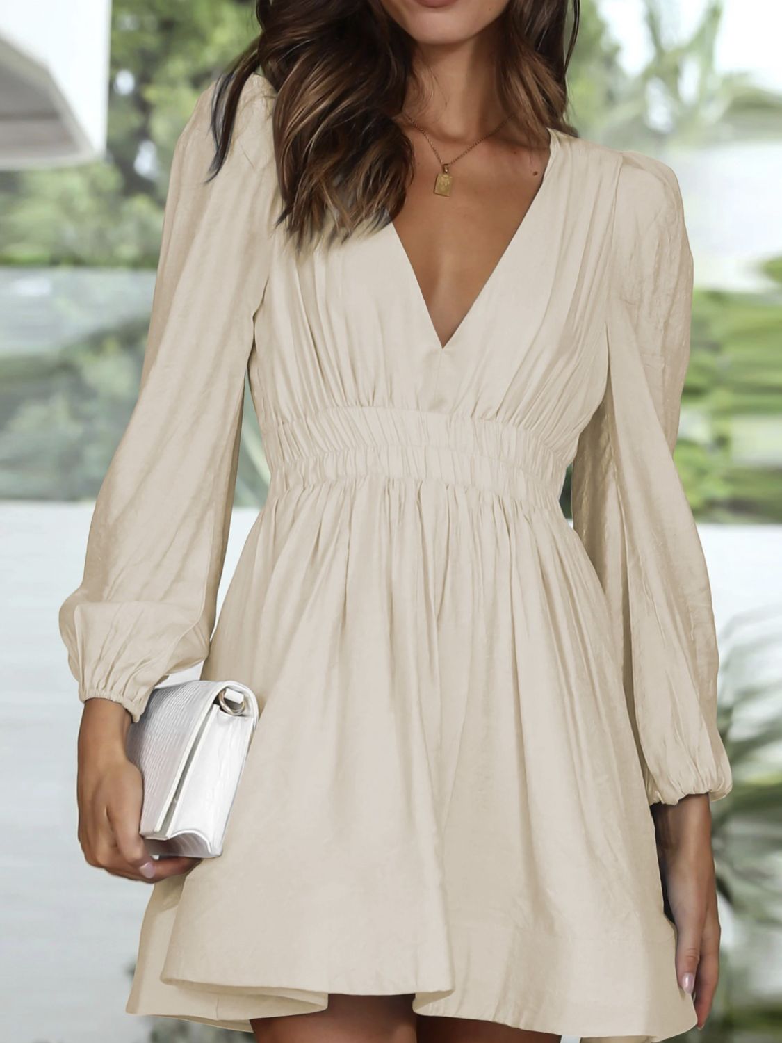 Ruched V - Neck Balloon Sleeve Mini Dress - Flip Flop Dynasty