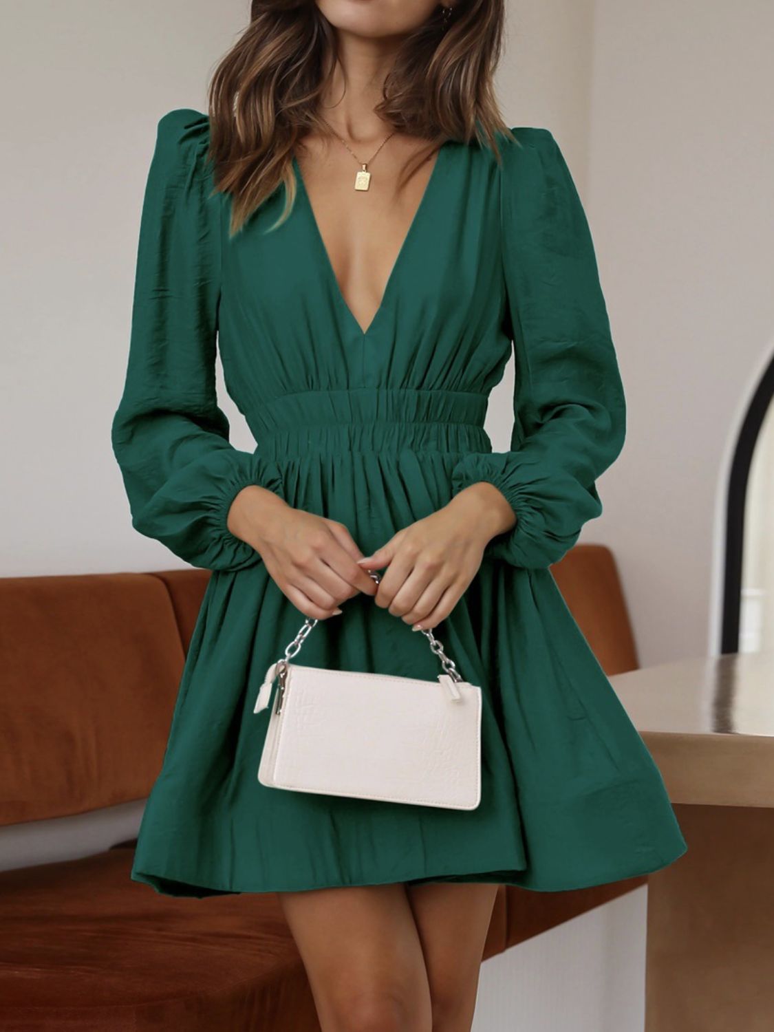Ruched V - Neck Balloon Sleeve Mini Dress - Flip Flop Dynasty