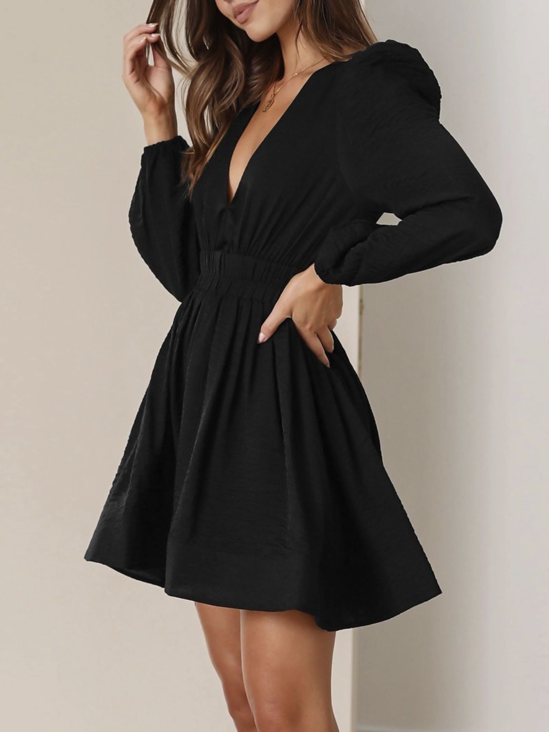 Ruched V - Neck Balloon Sleeve Mini Dress - Flip Flop Dynasty