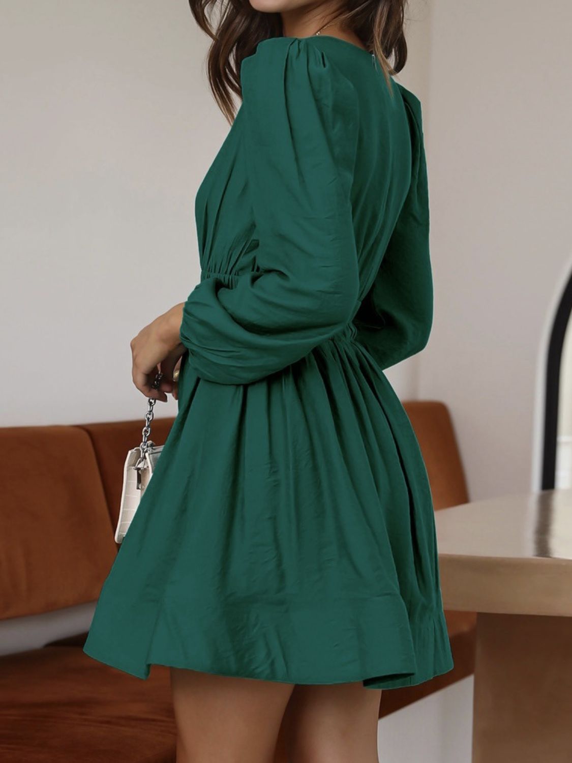 Ruched V - Neck Balloon Sleeve Mini Dress - Flip Flop Dynasty