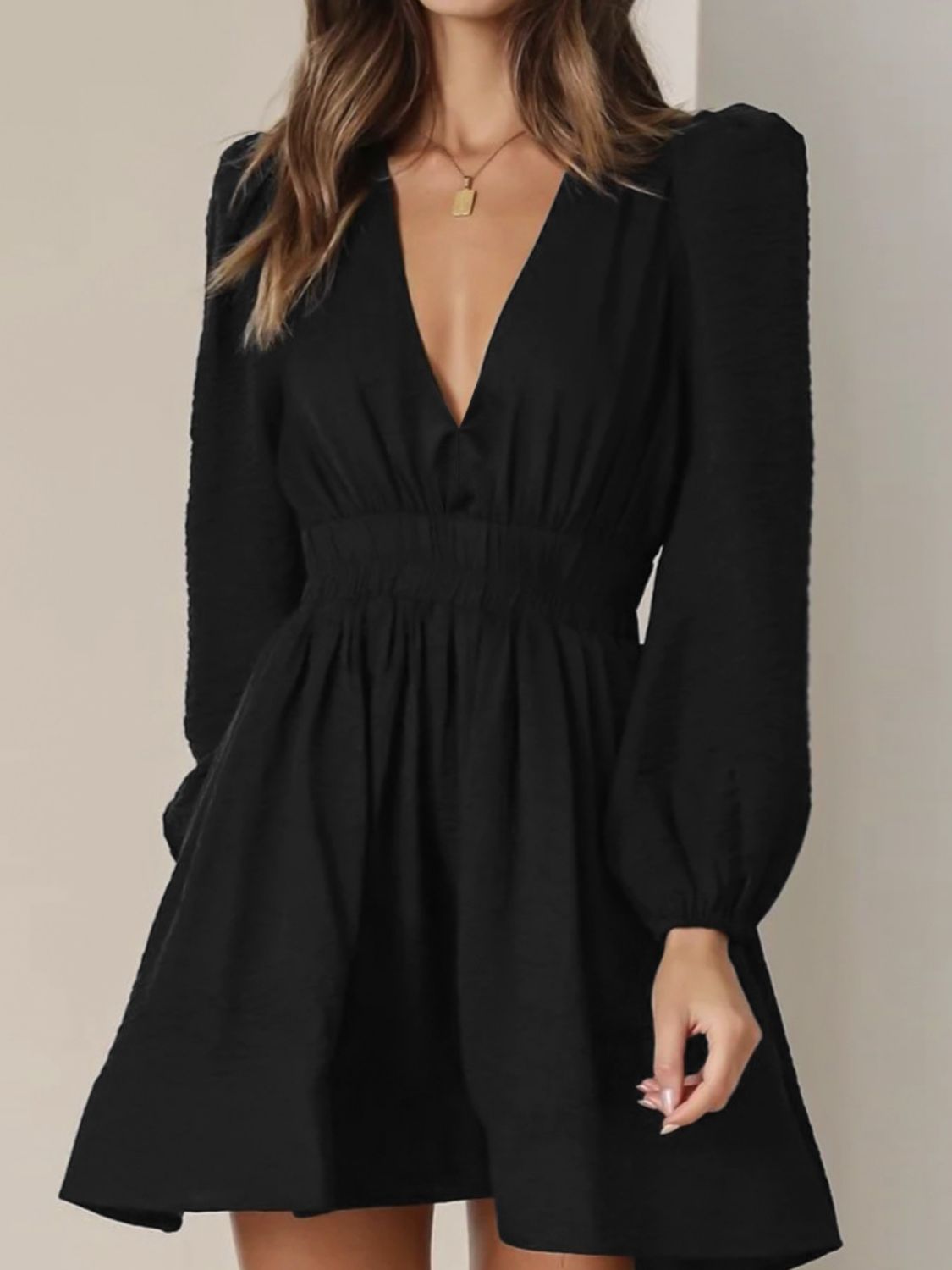Ruched V - Neck Balloon Sleeve Mini Dress - Flip Flop Dynasty