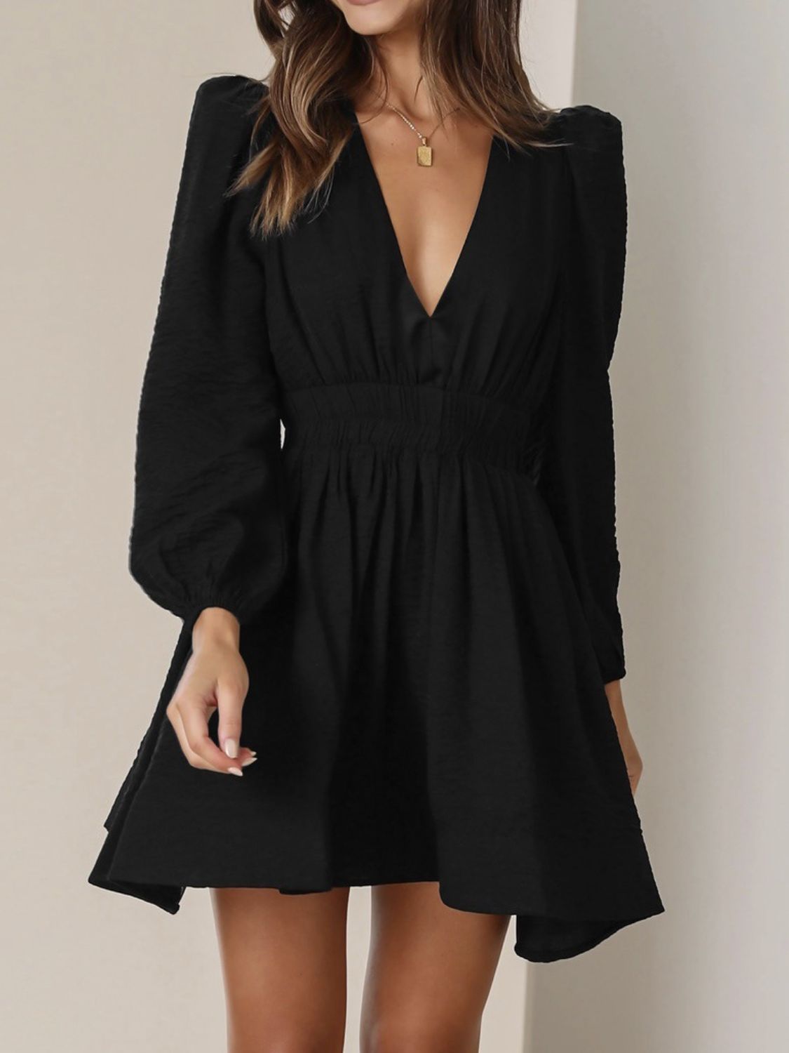 Ruched V - Neck Balloon Sleeve Mini Dress - Flip Flop Dynasty