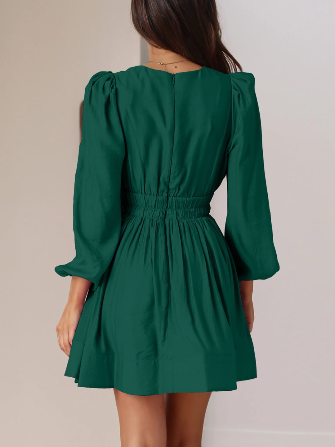 Ruched V - Neck Balloon Sleeve Mini Dress - Flip Flop Dynasty