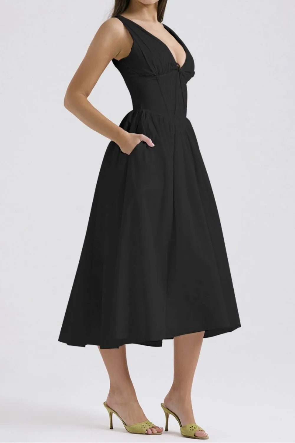 Ruched V - Neck Sleeveless Dress with Pockets - Flip Flop Dynasty