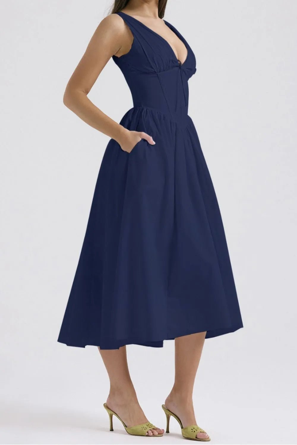 Ruched V - Neck Sleeveless Dress with Pockets - Flip Flop Dynasty