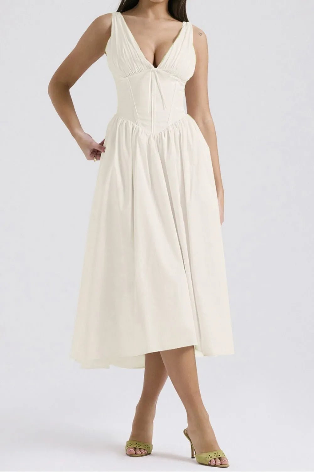Ruched V - Neck Sleeveless Dress with Pockets - Flip Flop Dynasty